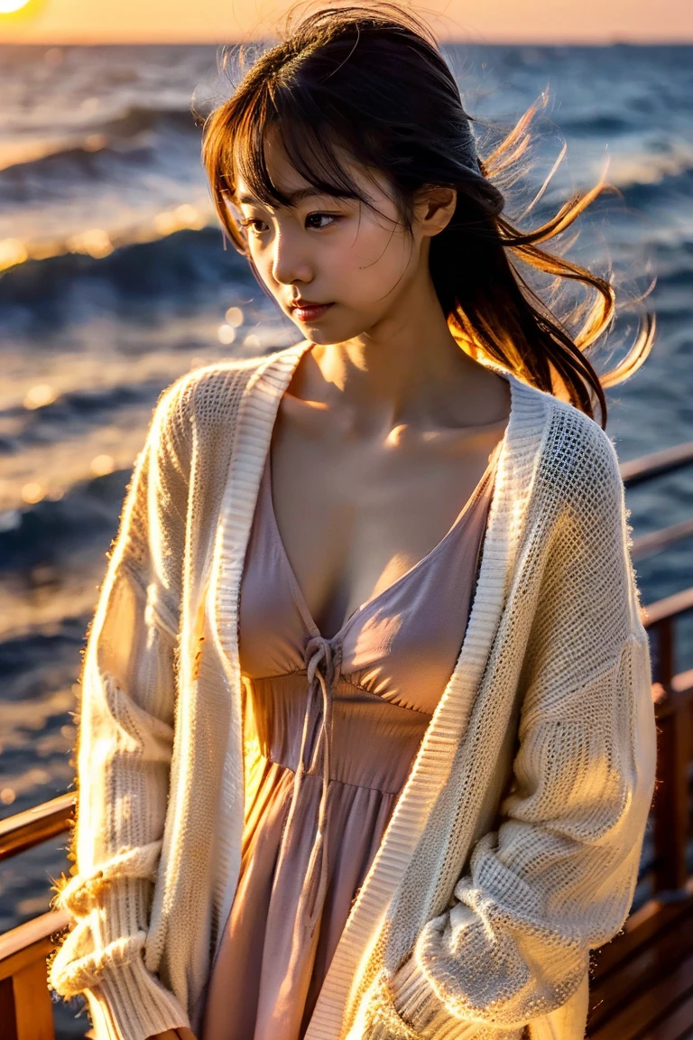 Beautiful girl wearing a summer dress、thin summer cardigan、14years、japanes、Sunset sea from the ship deck、No bulge in the chest、Wistful expression、Wheat-colored The skin、heavy wind、Onion hair、Luxury liner、少し日焼けしたThe skin、Black、the setting sun、