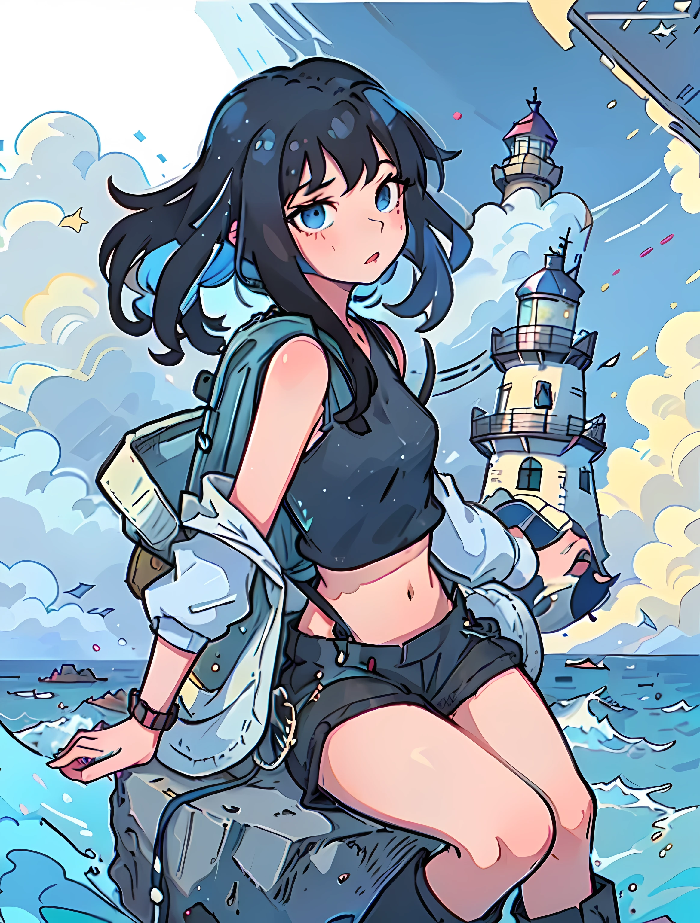 The focus is on a girl with medium-long black hair。
In the center of the picture is the girl posing with the lighthouse，Capture her expressions and lighthouse features。Describe the environment near the lighthouse，Highlight the presence of the lighthouse。
Emphasize the unique atmosphere of the lighthouse，There will be the sound of sea breeze。Pay attention to girls&#39;blue colored eyes，Capture her expression as she interacts with the lighthouse。
Describe her expression when posing with the lighthouse，reveal feelings of loneliness。Depicts girl wearing cropped tank top and overalls，Wearing a side backpack，Wearing stylish black boots，Highlight her neat temperament，Make her style more prominent。