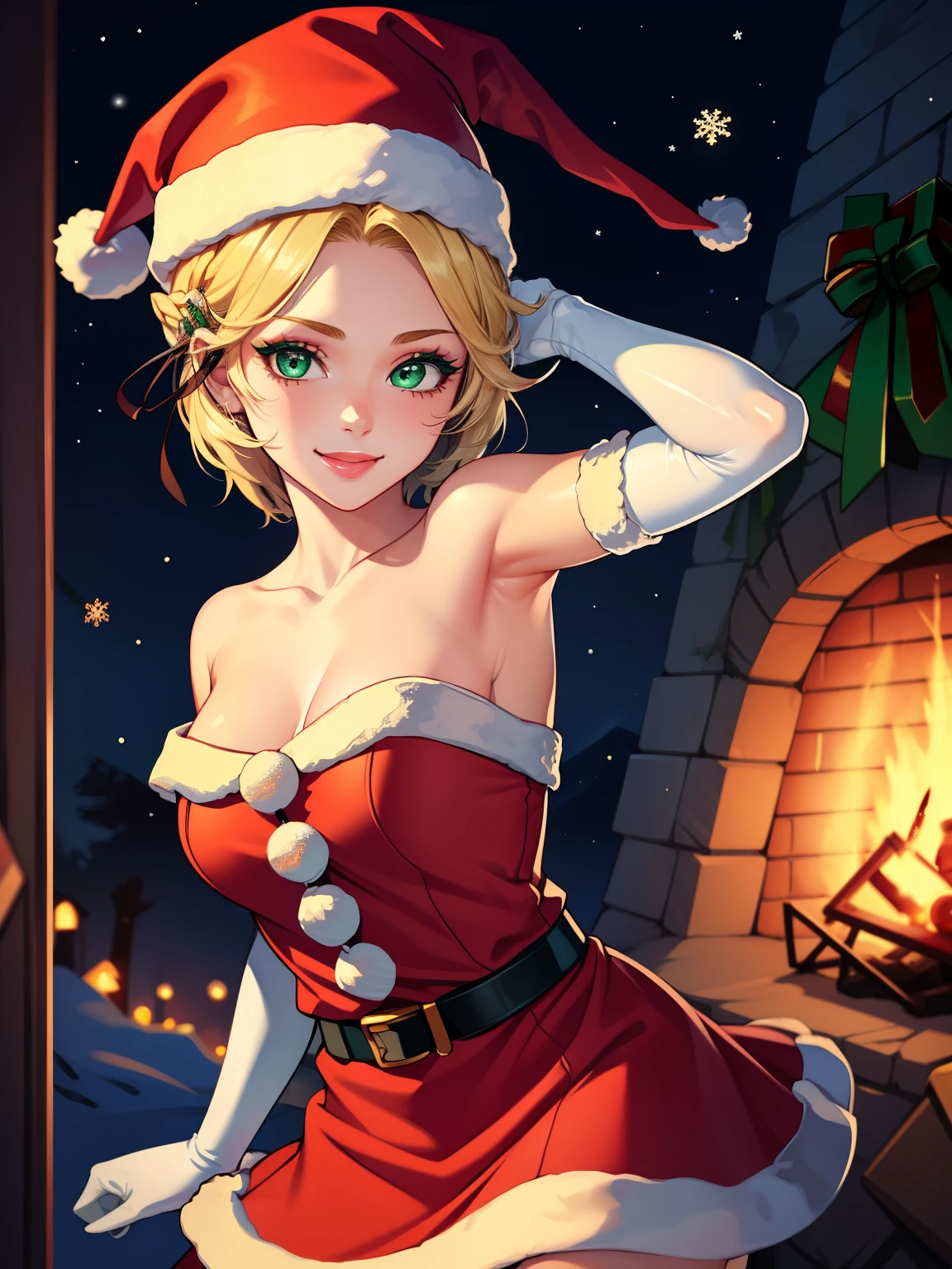 1girl, solo, masterpiece, best quality, high res, highly detailed, (illustration), beautiful detailed eyes, warIngrid, short hair, hair ribbons, green eyes ,glossy lips, makeup, smile, long white elbow gloves, cowboy shot, (santa), red santa dress, santa hat, strapless dress, white elbow gloves