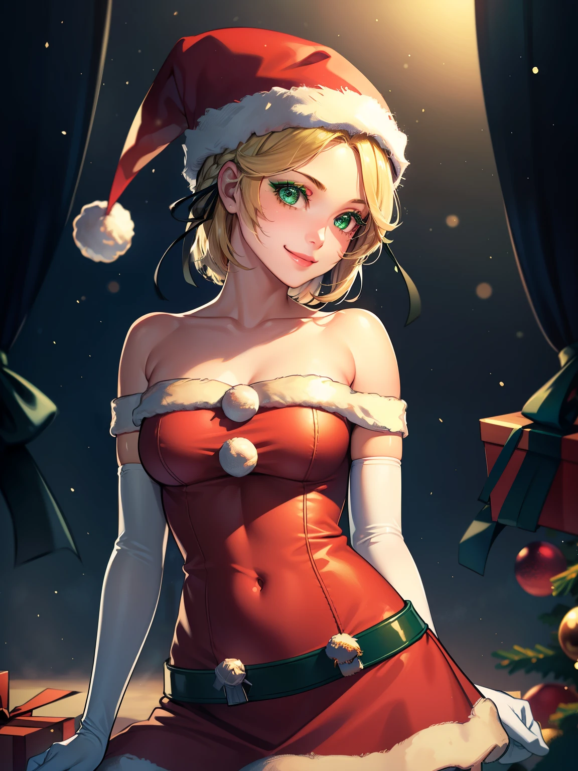 1girl, solo, masterpiece, best quality, high res, highly detailed, (illustration), beautiful detailed eyes, warIngrid, short hair, hair ribbons, green eyes ,glossy lips, makeup, smile, long white elbow gloves, cowboy shot, (santa), red santa dress, santa hat, strapless dress, white elbow gloves