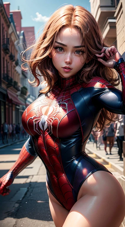 Foto de corpo inteiro, leve sorriso, a superhero dressed as Spider-Man, no mask on. a woman in a swimsuit-like Spider-Man costume, Cabelo comprido vermelhos, seios enormes, Athletic body, Vibrant and dynamic style, with solid colors and defined contours. highlighting the heroine. No distortions or imperfections. Centralized composition, foco na personagem. 8K分辨率, dimensions of 2040x2040 pixels.
Keep female representation strong and respectful, emphasizing her role as a superhero. Ensure a balanced and coherent aesthetic with the Spider-Man universe.