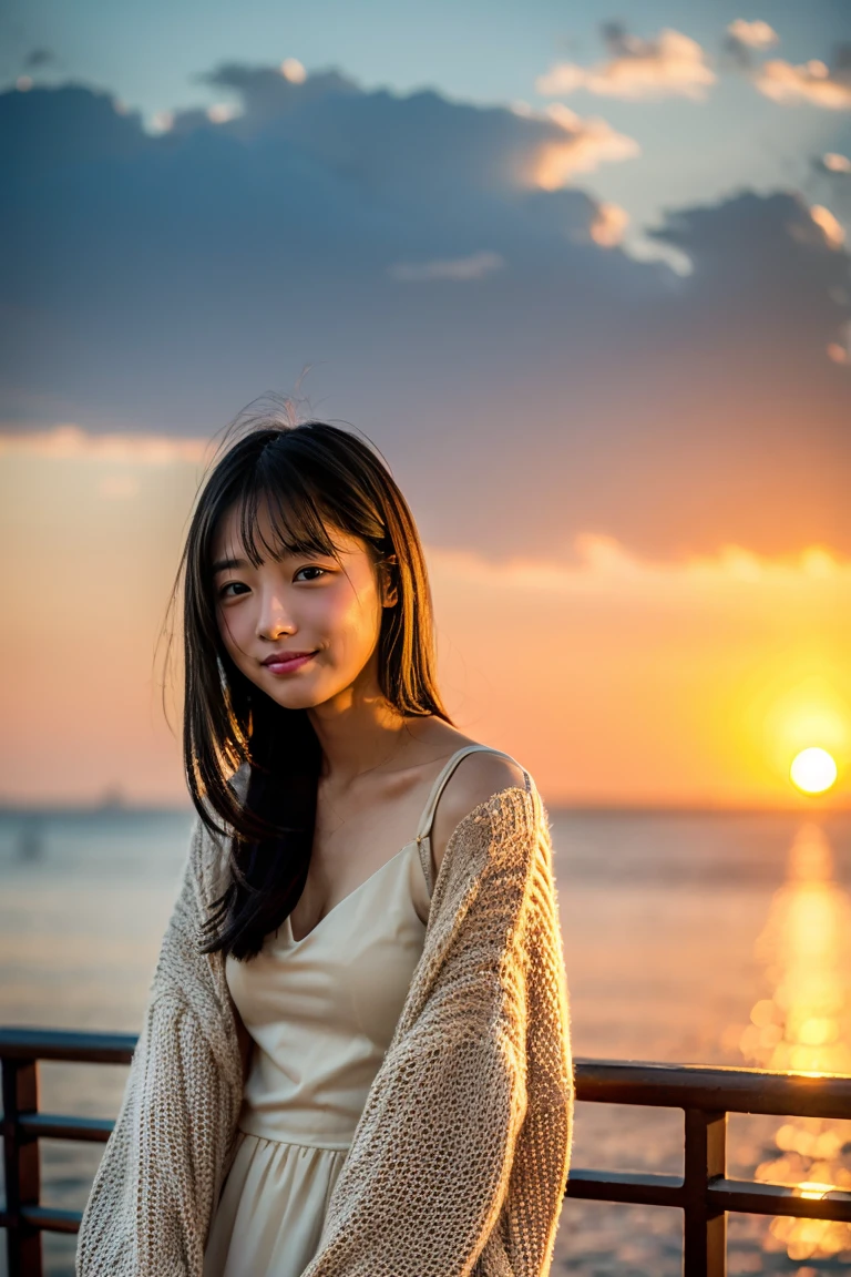 Beautiful girl wearing a summer dress、thin summer cardigan、11 year old、japanes、Sunset sea from the ship deck、No bulge in the chest、Wistful expression、Wheat-colored The skin、heavy wind、black onion hair、Luxury liner、少し日焼けしたThe skin、Black、the setting sun、smiling wryly、