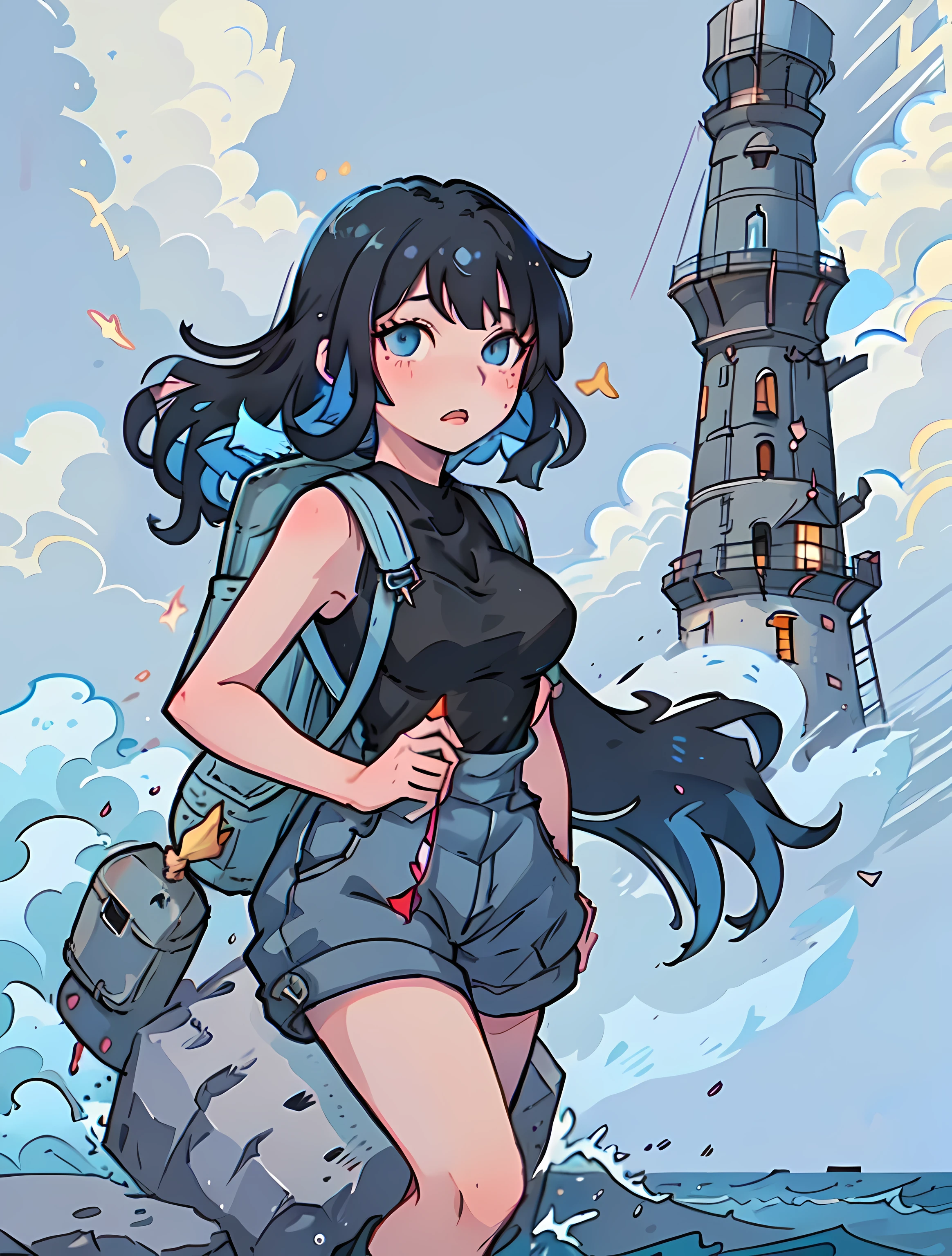 The focus is on a girl with medium-long black hair。
In the center of the picture is the girl posing with the lighthouse，Capture her expressions and lighthouse features。Describe the environment near the lighthouse，Highlight the presence of the lighthouse。
Emphasize the unique atmosphere of the lighthouse，There will be the sound of sea breeze。focuses on the girl&#39;blue colored eyes，Capture her expression as she interacts with the lighthouse。
Describe her expression when posing with the lighthouse，reveal feelings of loneliness。Depicts girl wearing cropped tank top and overalls，slightly larger，Expose the lateral breasts。Wearing a side backpack，Wearing stylish black boots，Highlight her neat temperament，Make her style more prominent。