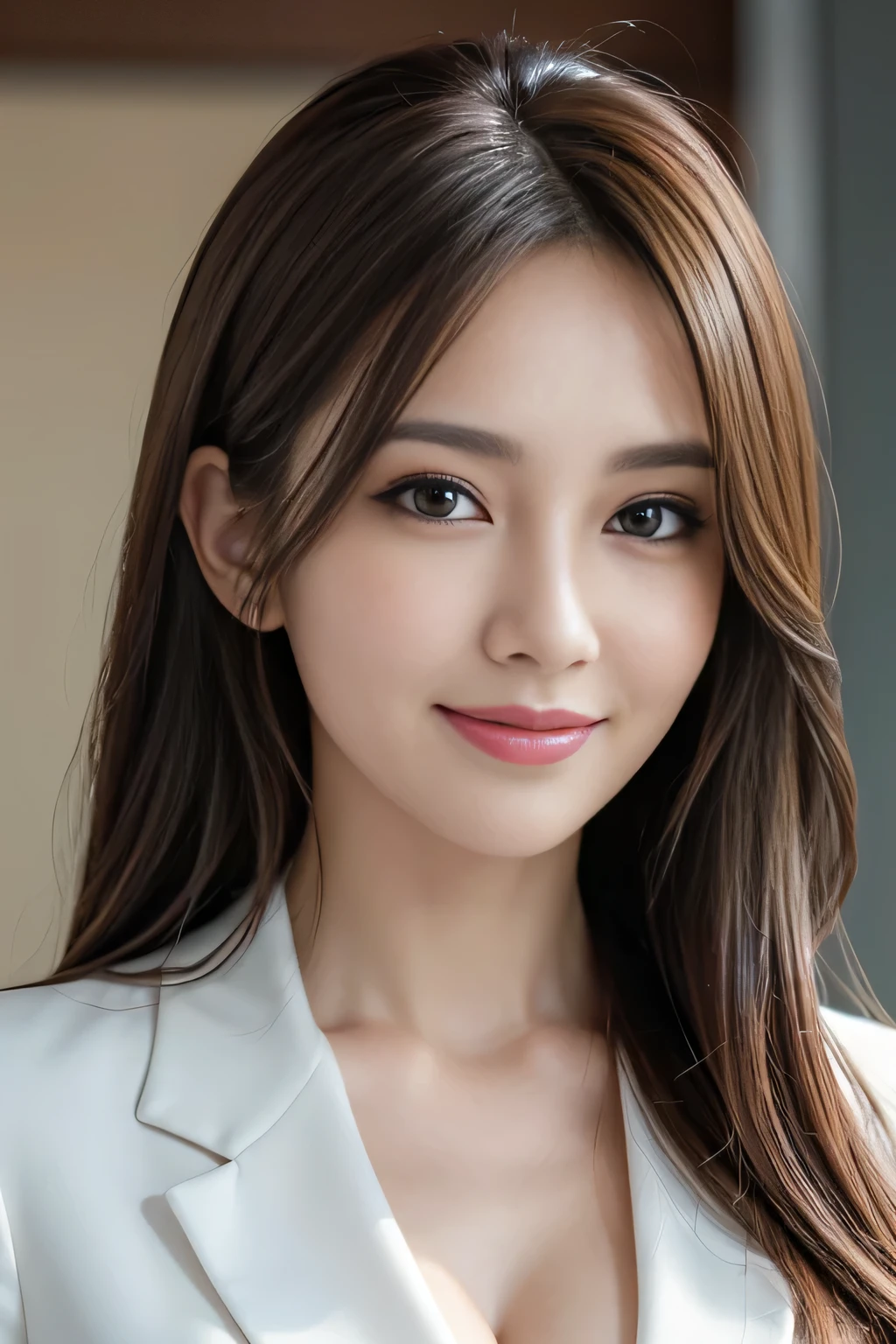 masutepiece, Best Quality, Photorealistic, Ultra-detailed, finely detail, High resolution, 8K Wallpaper, 1 beautiful woman,, light brown messy hair, in a business suit, foco nítido, Perfect dynamic composition, Beautiful detailed eyes, detailed hairs, Detailed realistic skin texture, Smiling, Close-up portrait, Model body type