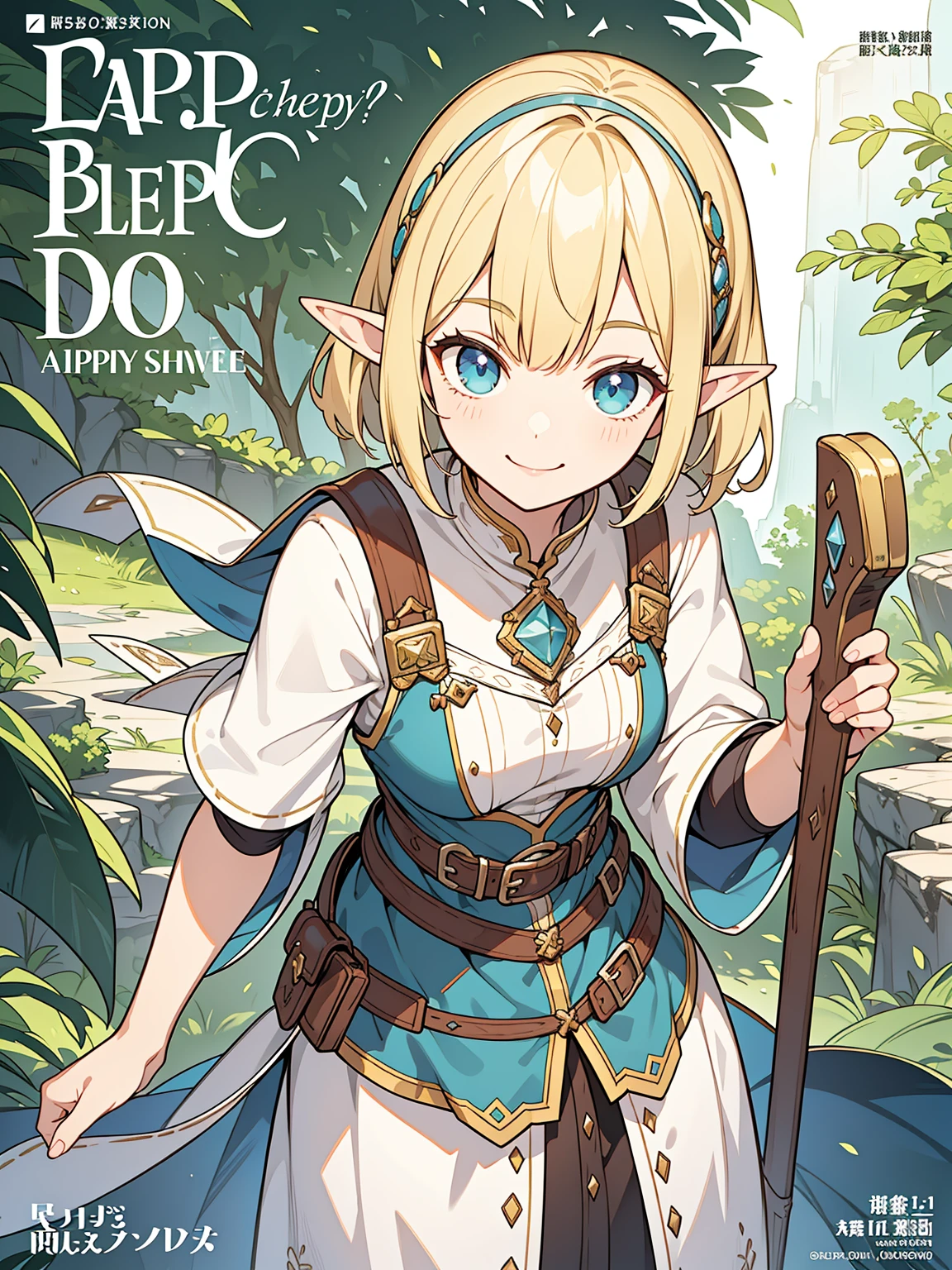 8K、best quality face、Top quality eyes、Travel magazine cover、low angle shot、cowboy shot、Dungeons & dragons、、 Cute elf girl 1、Alone、Solo、Blonde blonde、Medium hair、Smiled face、Happy face、front-facing view、is standing