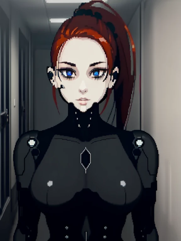 girl in black bodysuit, black bodysuit, detailed robotic blue eyes, anime, huge breasts, wide hips, 1girl, standing in a dark hallway, (face augments, ear augments:1.3), red hair in ponytail