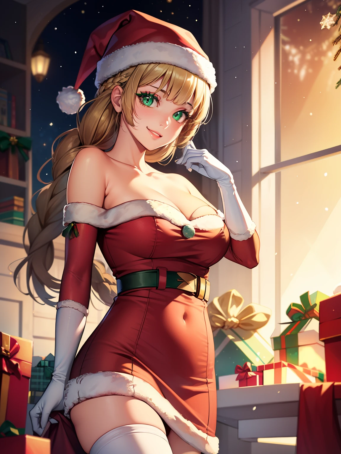 1girl, solo, masterpiece, best quality, high res, highly detailed, (illustration), beautiful detailed eyes, defIngrid, bangs, braided ponytail, green eyes ,glossy lips, makeup, smile, long white elbow gloves, cowboy shot, (santa), red santa dress, santa hat, strapless dress, white elbow gloves