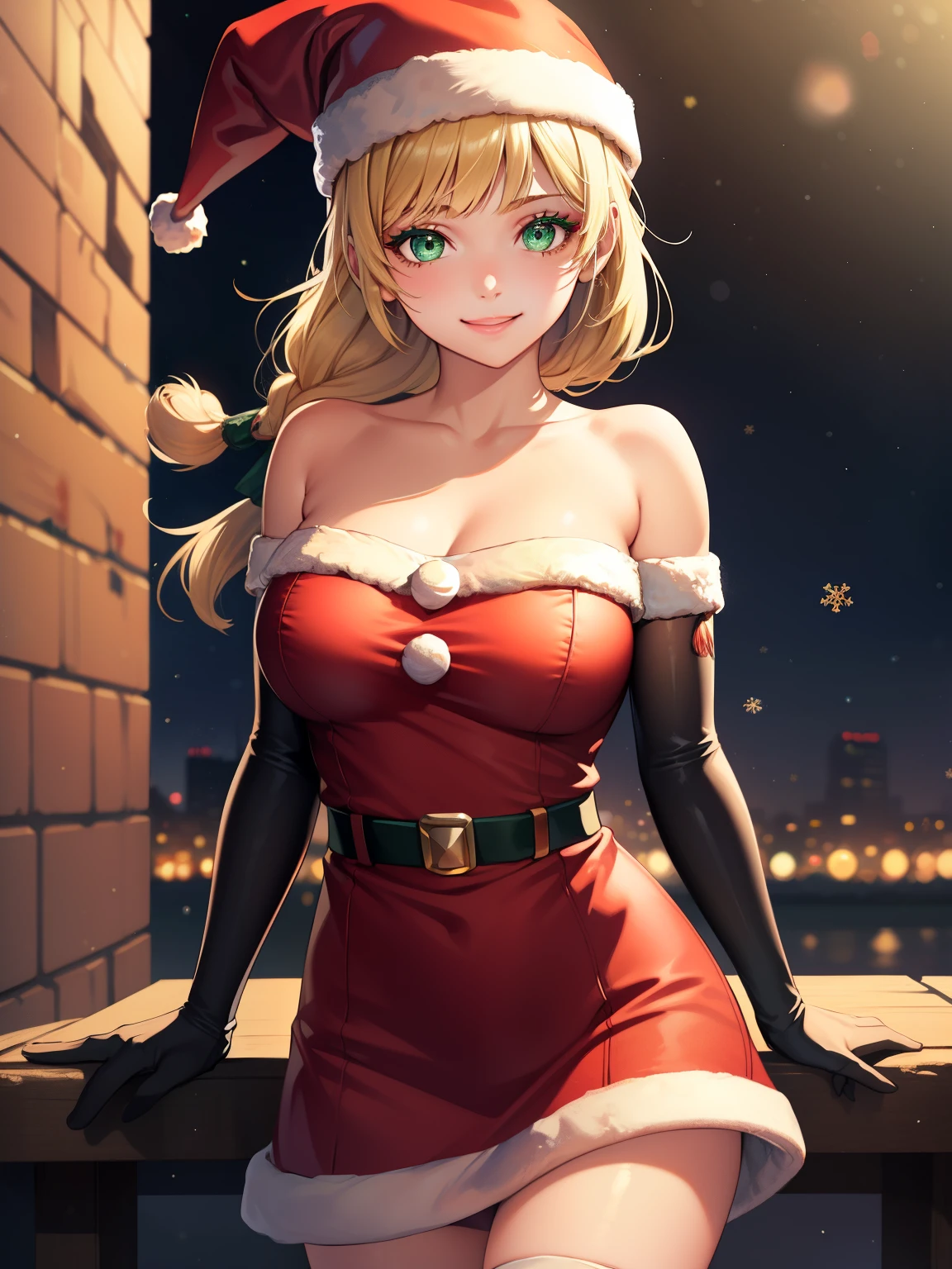 1girl, solo, masterpiece, best quality, high res, highly detailed, (illustration), beautiful detailed eyes, defIngrid, bangs, braided ponytail, green eyes ,glossy lips, makeup, smile, long white elbow gloves, cowboy shot, (santa), red santa dress, santa hat, strapless dress, white elbow gloves
