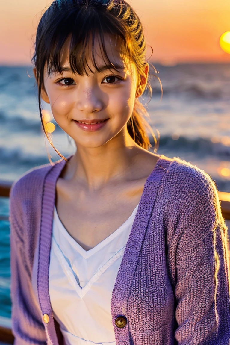 Beautiful girl wearing a summer dress、thin summer cardigan、11 year old、japanes、Sunset sea from the ship deck、No bulge in the chest、Wistful expression、Wheat-colored　The skin、heavy wind、black onion hair、Luxury liner、少し日焼けしたThe skin、Black、the setting sun、smiling wryly、