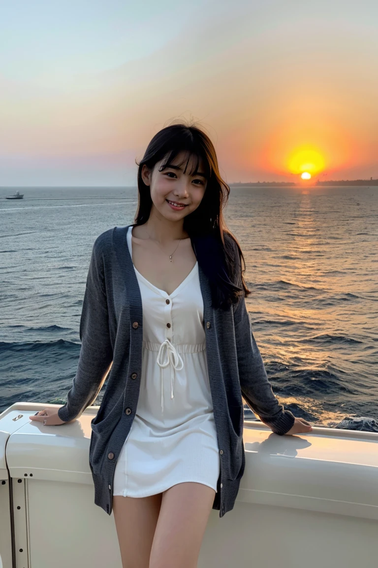 Beautiful girl wearing a summer dress、thin summer cardigan、、japanes、Sunset sea from the ship deck、No bulge in the chest、Wistful expression、Wheat-colored The skin、heavy wind、black onion hair、Luxury liner、少し日焼けしたThe skin、Black、the setting sun、smiling wryly、