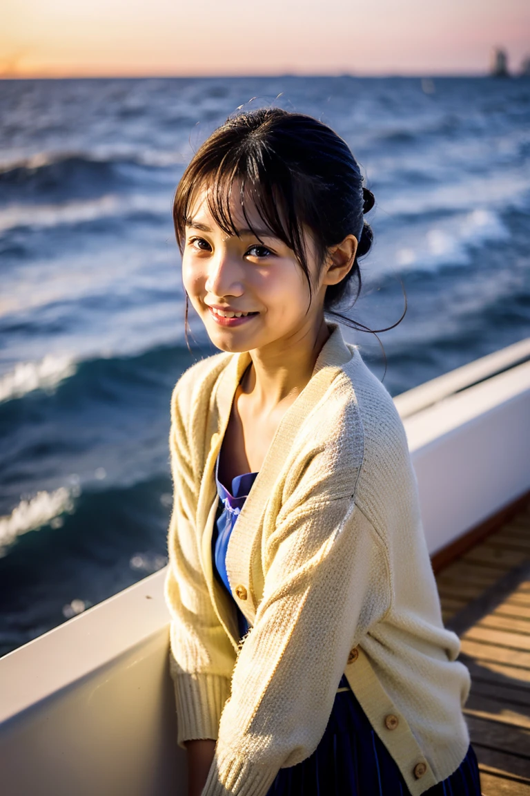 Beautiful girl wearing a summer dress、thin summer cardigan、11 year old、japanes、Sunset sea from the ship deck、No bulge in the chest、Wistful expression、Wheat-colored The skin、heavy wind、black onion hair、Luxury liner、少し日焼けしたThe skin、Black、the setting sun、smiling wryly、