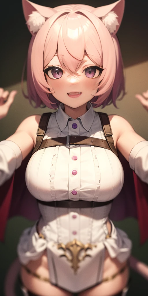 (masterpiece, best quality), intricate details, 1girl, nyatasha nyanners, virtual youtuber, animal ears, cat ears, pink hair, smile, purple eyes, looking at viewer, cat girl, bangs, solo, animal ear fluff, hair between eyes, bow, fang, short hair, skin fang, cat tail, eyelashes, x01powerarmor, no helmet,