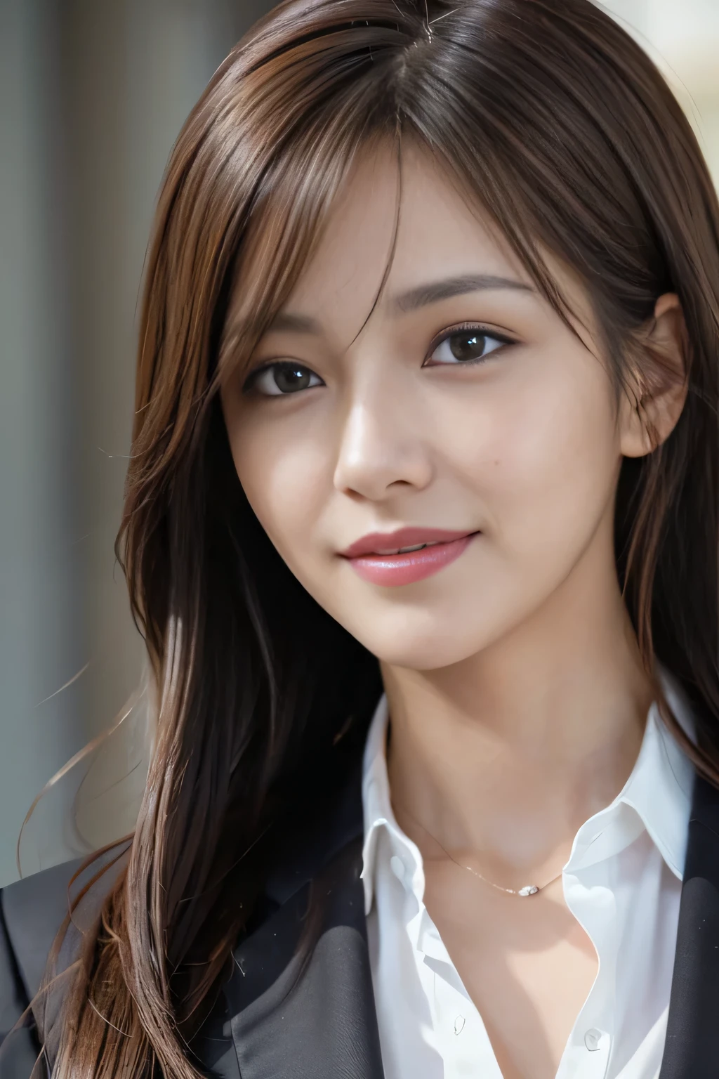 masutepiece, Best Quality, Photorealistic, Ultra-detailed, finely detail, High resolution, 8K Wallpaper, 1 beautiful woman,, light brown messy hair, in a business suit, foco nítido, Perfect dynamic composition, Beautiful detailed eyes, detailed hairs, Detailed realistic skin texture, Smiling, Close-up portrait, Model body type