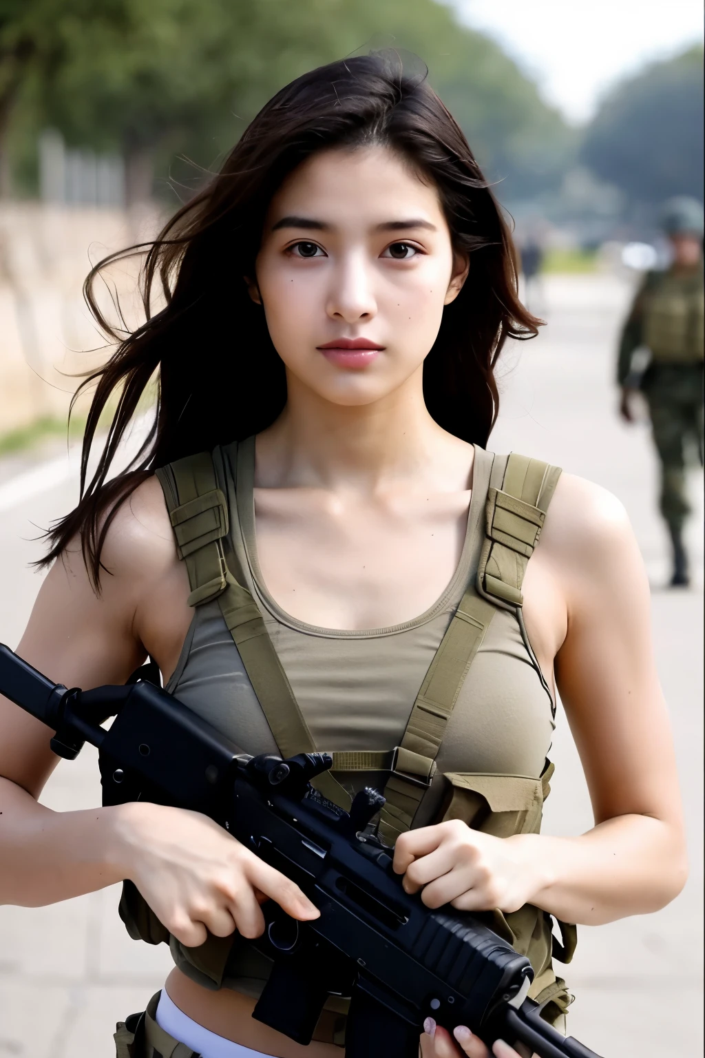 Israel、Female Soldier、Tank tops、assault rifle、stunningly beautiful、IDF、The moat is deep