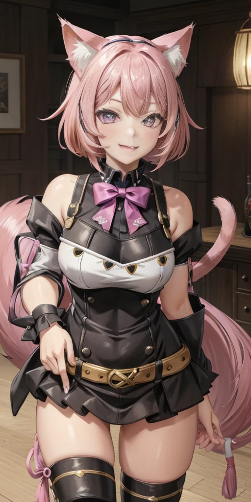 (masterpiece, best quality), intricate details,
1girl, nyatasha nyanners, virtual youtuber, animal ears, cat ears, pink hair, smile, purple eyes, looking at viewer, cat girl, bangs, solo, animal ear fluff, hair between eyes, bow, fang, short hair, skin fang, cat tail, eyelashes,
x01powerarmor, no helmet,