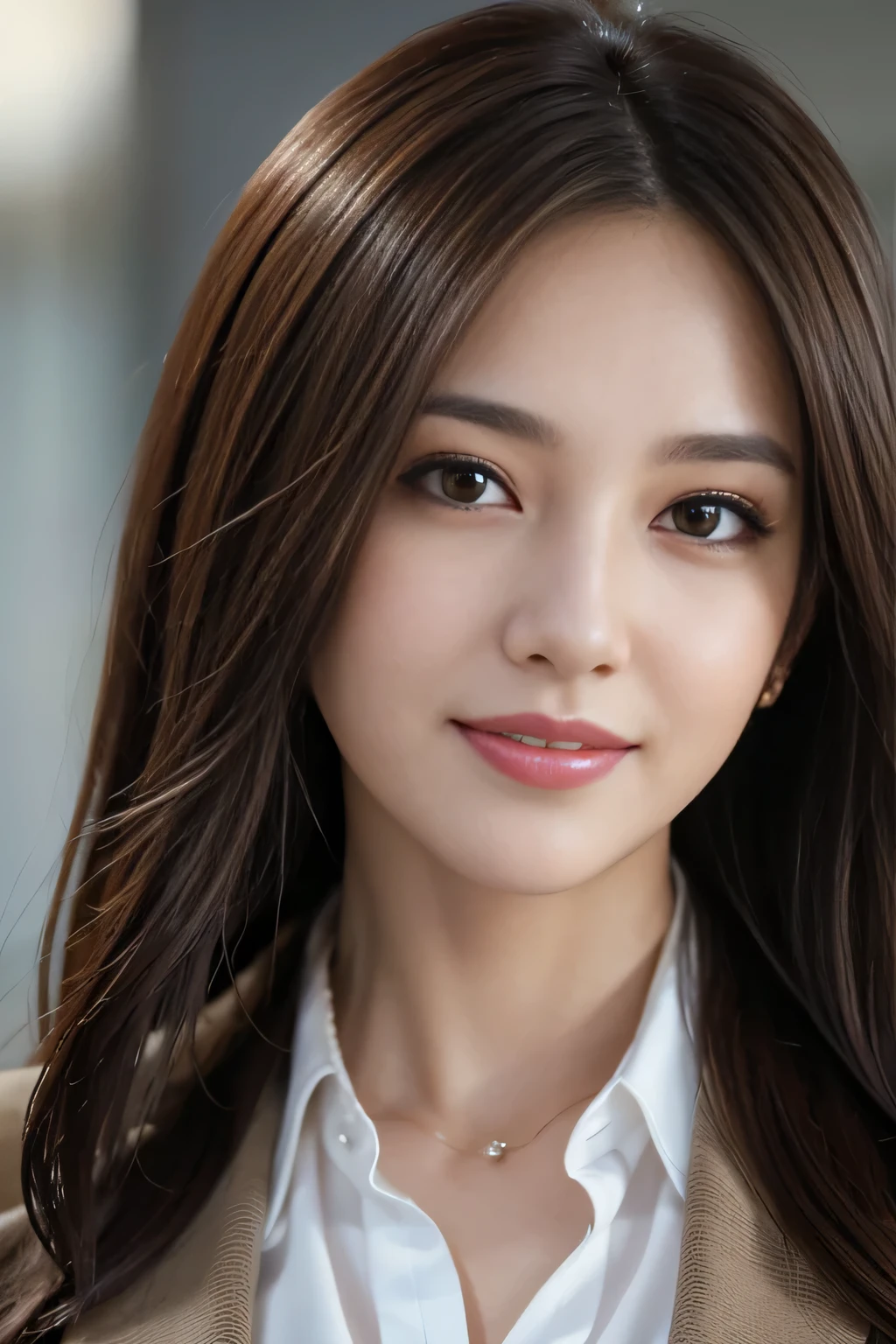 masutepiece, Best Quality, Photorealistic, Ultra-detailed, finely detail, High resolution, 8K Wallpaper, 1 beautiful woman,, light brown messy hair, in a business suit, foco nítido, Perfect dynamic composition, Beautiful detailed eyes, detailed hairs, Detailed realistic skin texture, Smiling, Close-up portrait, Model body type
