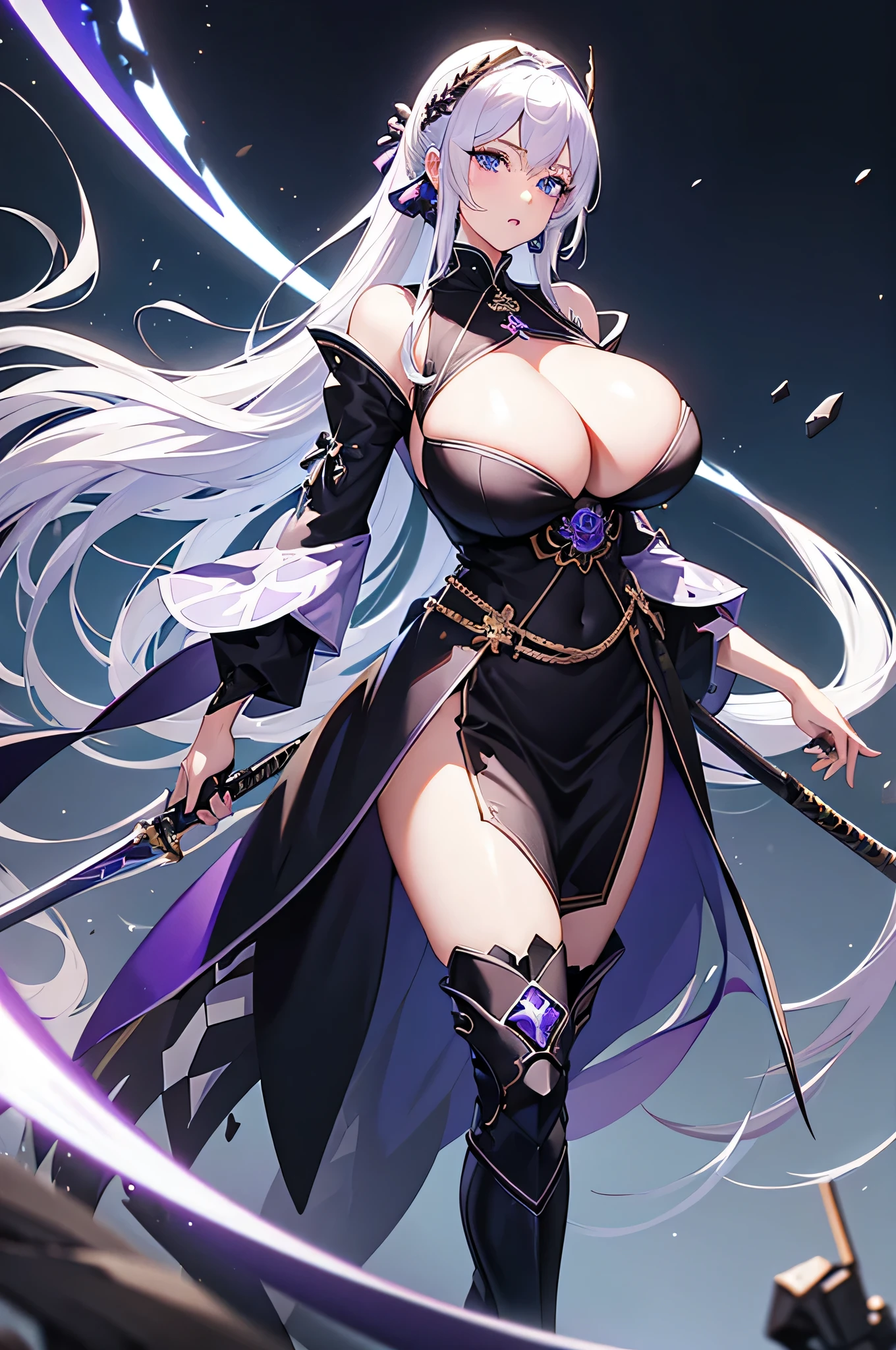 4K,hight resolution,One Woman,White purple hair,Long ponytail,Blue eyes,Colossal tits,black knight dress,Brown Long Boots,jewel decorations,Big Japan Sword,Medieval castle town