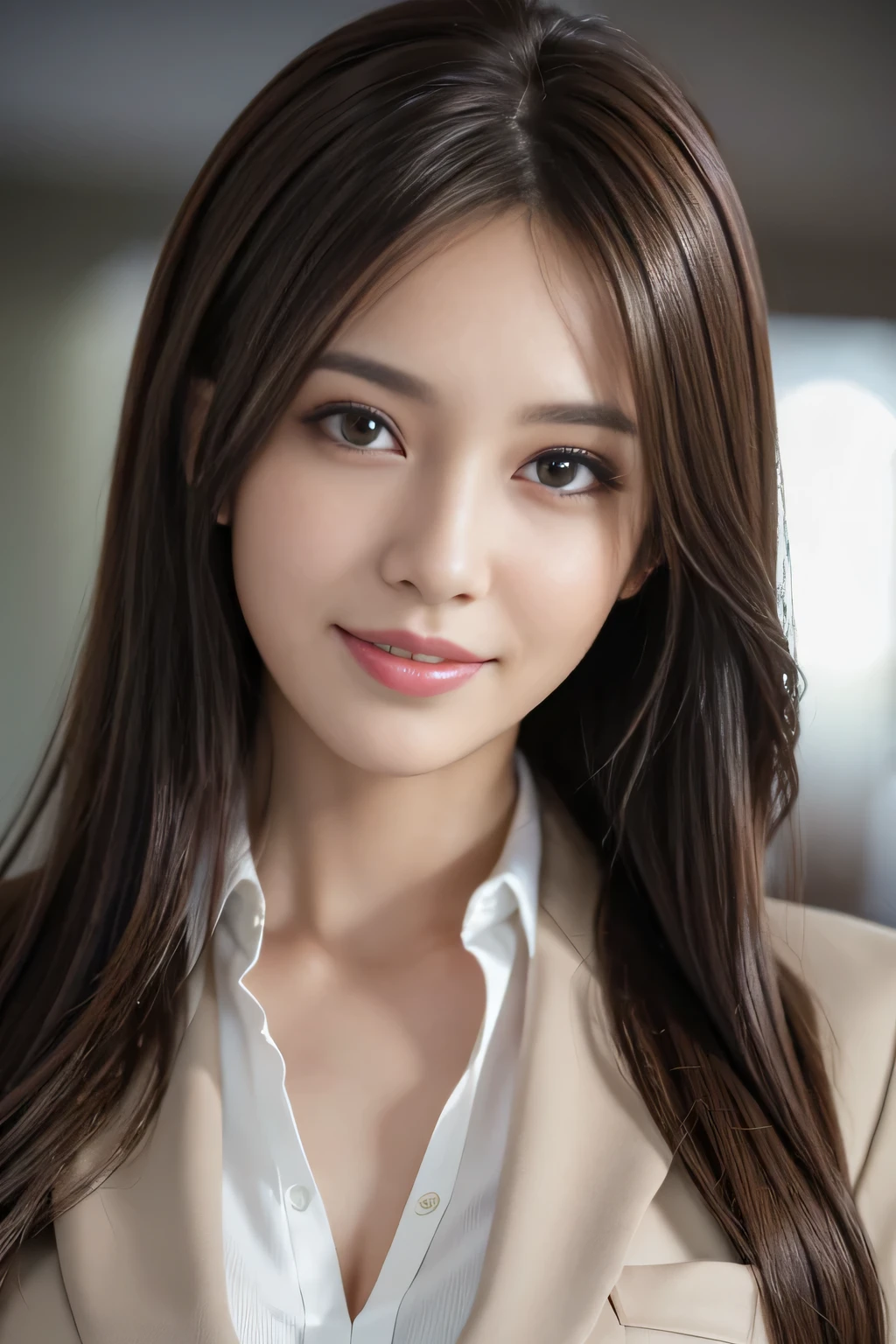 masutepiece, Best Quality, Photorealistic, Ultra-detailed, finely detail, High resolution, 8K Wallpaper, 1 beautiful woman,, light brown messy hair, in a business suit, foco nítido, Perfect dynamic composition, Beautiful detailed eyes, detailed hairs, Detailed realistic skin texture, Smiling, Close-up portrait, Model body type