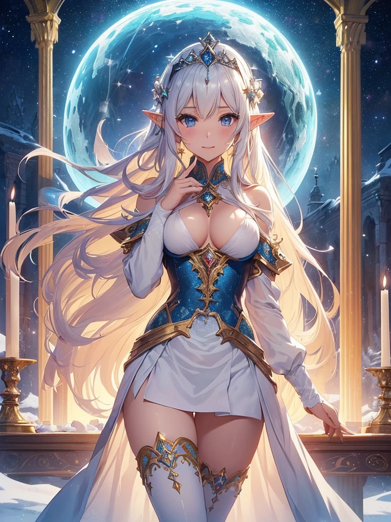 top-quality、Top image quality、But terpiece、Super beautiful elf beauty((24 year old、santa costume、beautiful tiara、Best Bust、big bast、Bust 90,beautiful blue long ironed hair、a blond、globe、A A sexyは、A slender、a closeup、Esbian、beautiful tiara、hiquality、Beautiful Art、Background with((starrysky)))But ute piece、visualart、depth of fields、low angle night sky、、Elven ears、、光のmagia、Space Knight、harp melody🎵、Happy smile、Gentle light、、Beautiful legs that are gentle on the skin、、、Number of fingers to achieve precise finger movements、ティッカーBeautiful decoration、elegent、Mystical 、Marble pillars, beautiful dressy、Snowy landscape in winter、byzantine art、art noveau、Temple of Time、Great watch、hour glass、sundial、NSFW.A sexy、Beautiful decoration,Body Stockings 1.3 、Renaissance painting、byzantine art、art noveau、Giant Earth、alchemy、magia、光のmagia