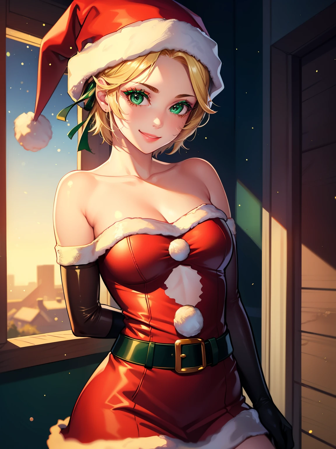 1girl, solo, masterpiece, best quality, high res, highly detailed, (illustration), beautiful detailed eyes, warMercedes, short hair ,glossy lips, makeup, smile, long white elbow gloves, cowboy shot, (santa), red santa dress, santa hat, strapless dress, white elbow gloves