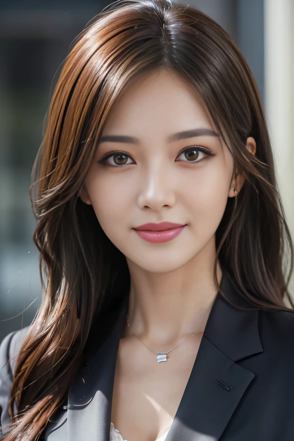 masutepiece, Best Quality, Photorealistic, Ultra-detailed, finely detail, High resolution, 8K Wallpaper, 1 beautiful woman,, light brown messy hair, in a business suit, foco nítido, Perfect dynamic composition, Beautiful detailed eyes, detailed hairs, Detailed realistic skin texture, Smiling, Close-up portrait, Model body type