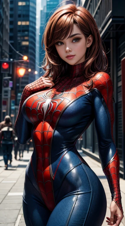 Foto de corpo inteiro, leve sorriso, a superhero dressed as Spider-Man, no mask on. a woman in a swimsuit-like Spider-Man costume, cuddles, Cabelo comprido vermelhos, seios enormes, Athletic body, Vibrant and dynamic style, with solid colors and defined contours. highlighting the heroine. No distortions or imperfections. Centralized composition, foco na personagem. 8K分辨率, dimensions of 2040x2040 pixels.
Keep female representation strong and respectful, emphasizing her role as a superhero. Ensure a balanced and coherent aesthetic with the Spider-Man universe.