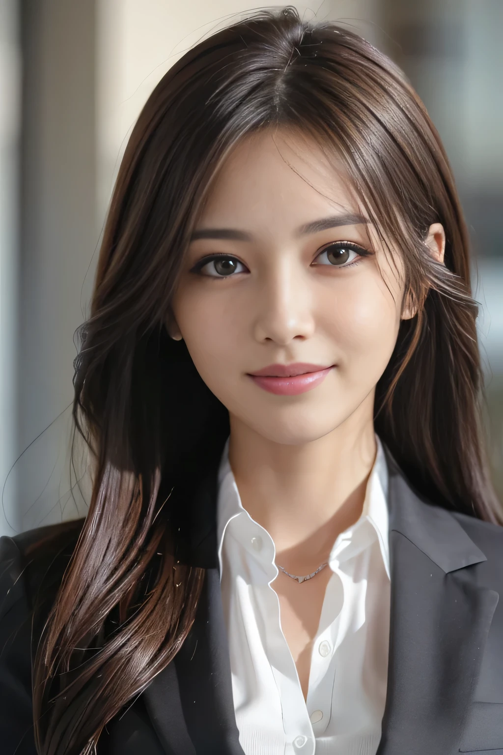 masutepiece, Best Quality, Photorealistic, Ultra-detailed, finely detail, High resolution, 8K Wallpaper, 1 beautiful woman,, light brown messy hair, in a business suit, foco nítido, Perfect dynamic composition, Beautiful detailed eyes, detailed hairs, Detailed realistic skin texture, Smiling, Close-up portrait, Model body type