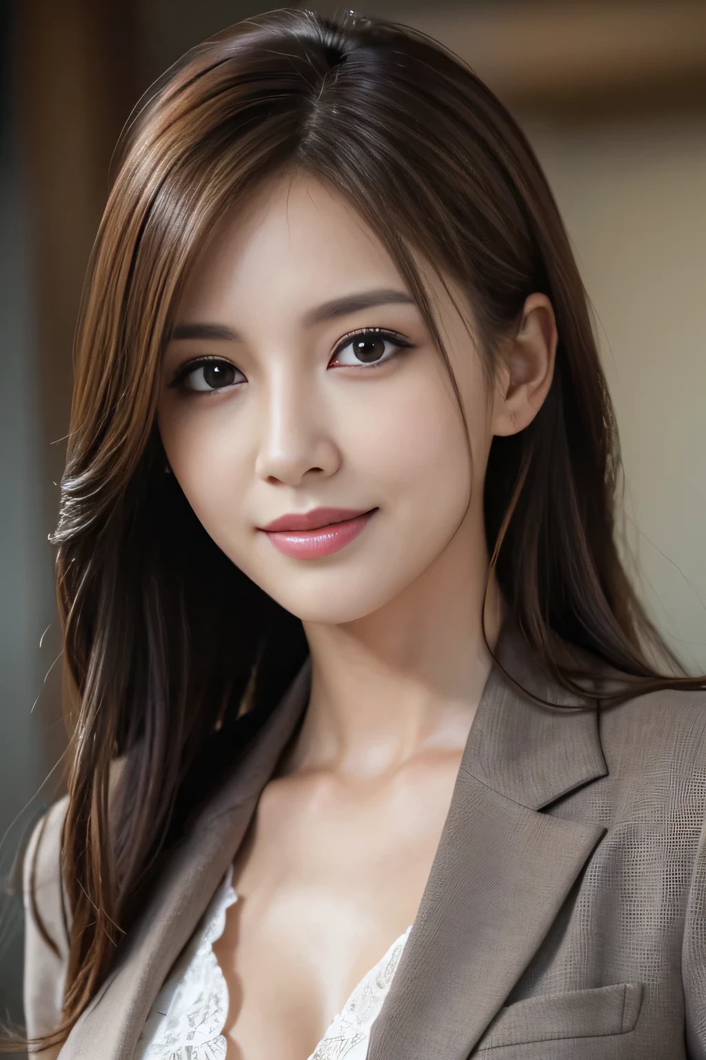 masutepiece, Best Quality, Photorealistic, Ultra-detailed, finely detail, High resolution, 8K Wallpaper, 1 beautiful woman,, light brown messy hair, in a business suit, foco nítido, Perfect dynamic composition, Beautiful detailed eyes, detailed hairs, Detailed realistic skin texture, Smiling, Close-up portrait, Model body type