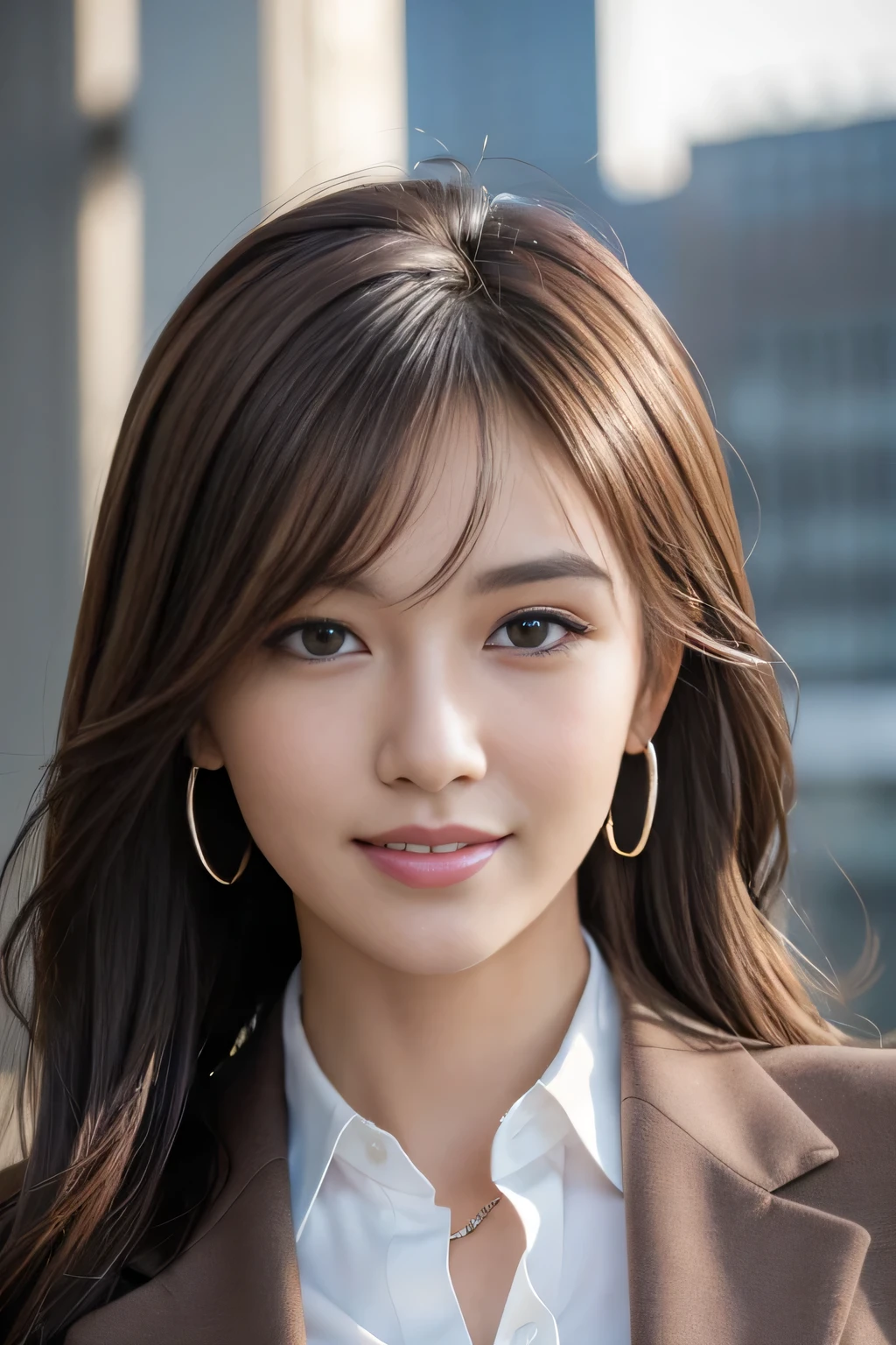 masutepiece, Best Quality, Photorealistic, Ultra-detailed, finely detail, High resolution, 8K Wallpaper, 1 beautiful woman,, light brown messy hair, in a business suit, foco nítido, Perfect dynamic composition, Beautiful detailed eyes, detailed hairs, Detailed realistic skin texture, Smiling, Close-up portrait, Model body type