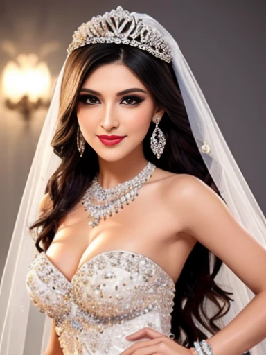 Lebanese lady, earrings, necklace, bracelets, diamonds, 40 years old, strapless wedding dress, tiara and veil, bouquet, western style wedding, bright colors, smokey eyes, red lips, glossy lips, cleavages, small chest, doll lashes, blushing, happy, eyeshadow, smiling