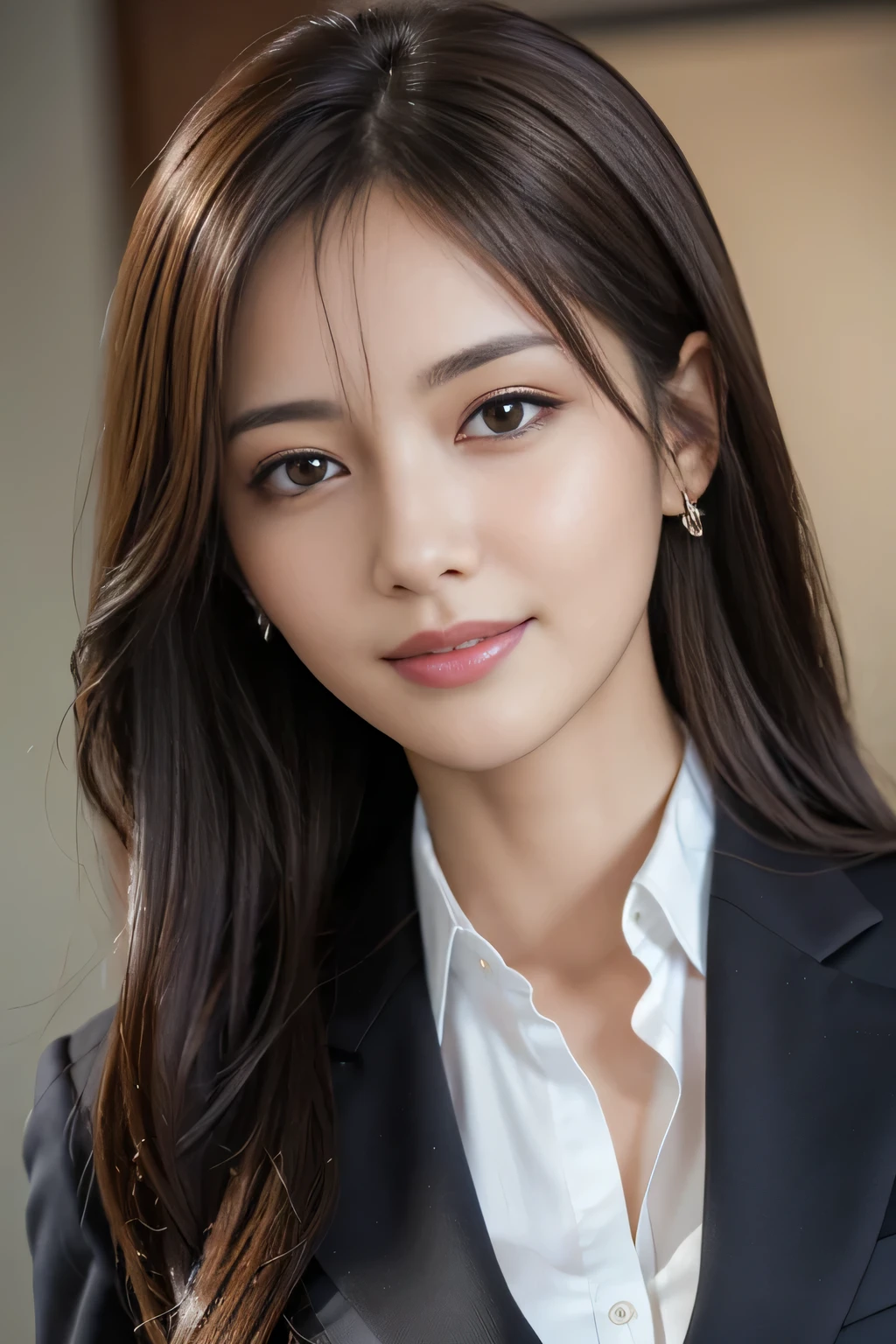 masutepiece, Best Quality, Photorealistic, Ultra-detailed, finely detail, High resolution, 8K Wallpaper, 1 beautiful woman,, light brown messy hair, in a business suit, foco nítido, Perfect dynamic composition, Beautiful detailed eyes, detailed hairs, Detailed realistic skin texture, Smiling, Close-up portrait, Model body type