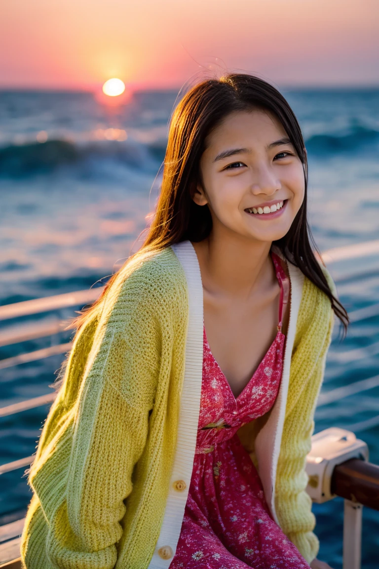 Beautiful girl wearing a summer dress、thin summer cardigan、11 year old、japanes、Sunset sea from the ship deck、No bulge in the chest、Wistful expression、Wheat-colored The skin、heavy wind、Long black hair、Luxury liner、少し日焼けしたThe skin、Black、the setting sun、smiling wryly、