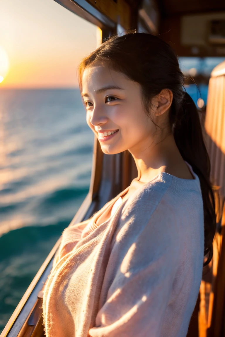 Beautiful girl wearing a summer dress、thin summer cardigan、11 year old、japanes、Sunset sea from the ship deck、No bulge in the chest、Wistful expression、Wheat-colored The skin、heavy wind、Long black hair、Luxury liner、少し日焼けしたThe skin、Black、the setting sun、smiling wryly、