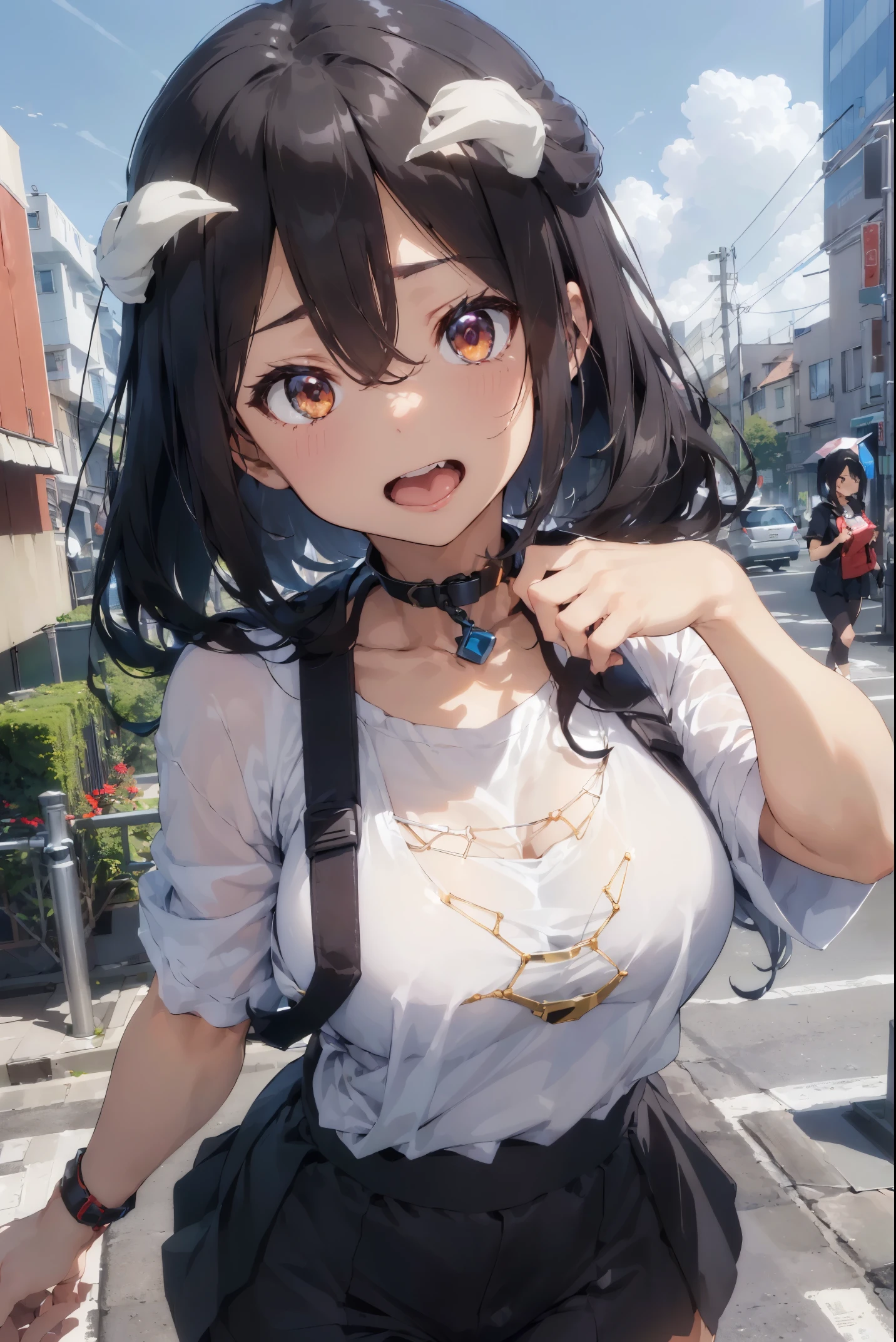 ((quality, 8K, tmasterpiece: 1.3)), Focus sharp: 1.2, Cute beauty,perfect bodies: 1.4, Beautiful woman of 20 years old, Slim bigger: 1.2, ((Black casual hairstyle, bigger: 1.2, bigger: 1.2)), (seminude, Ecstatic look, a sexy pose), (Created mainly by women (Skyscraper roof: 1.3)), Highly Detailed Face and Skin Textur, Fine Eye, 二重まぶた, (((Subordinate chains, Slave collars, harness)), ((opens his eyes wide, 伸出Tongue stock,Tongue stock, Crazy, with her mouth open, scream, ahe-face, dyspnea, Be red in the face, perspiring)),