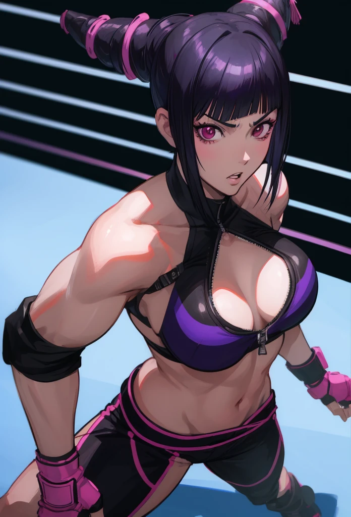 Hay una mujer con un top morado y pantalones cortos negros., Juri Han de Street Fighter, Yuri Misaki, Iliá Kuvshinov. 4 mil, Iliá Kuvshinov style, Artstyle : Iliá Kuvshinov, Personaje de King of Fighters, Retrato de Tifa Lockhart, Yayoi Kasuma, Badass Anime 8K