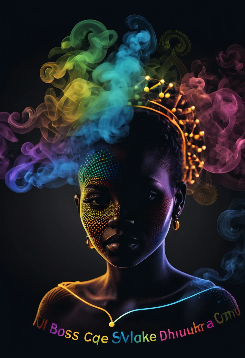 African pattern smoke logo with boss texture strokes, of Cape Verde - photo illustration graphic ((Ultra wide exposure photography)) alta qualidade, muito detalhada, neon dots of a beautiful colorful silhouette, bela silhueta, electronic devices, como um PC cinza muito claro em segundo plano, por yukisakura, muito detalhado,