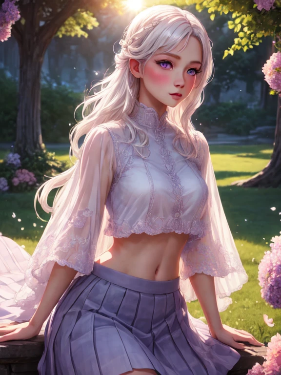 realistic, 1girl, white hair, purple eyes, glowing eyes, crop top, skirt, parted lips, blush, night, flowers, sun, sunlight,