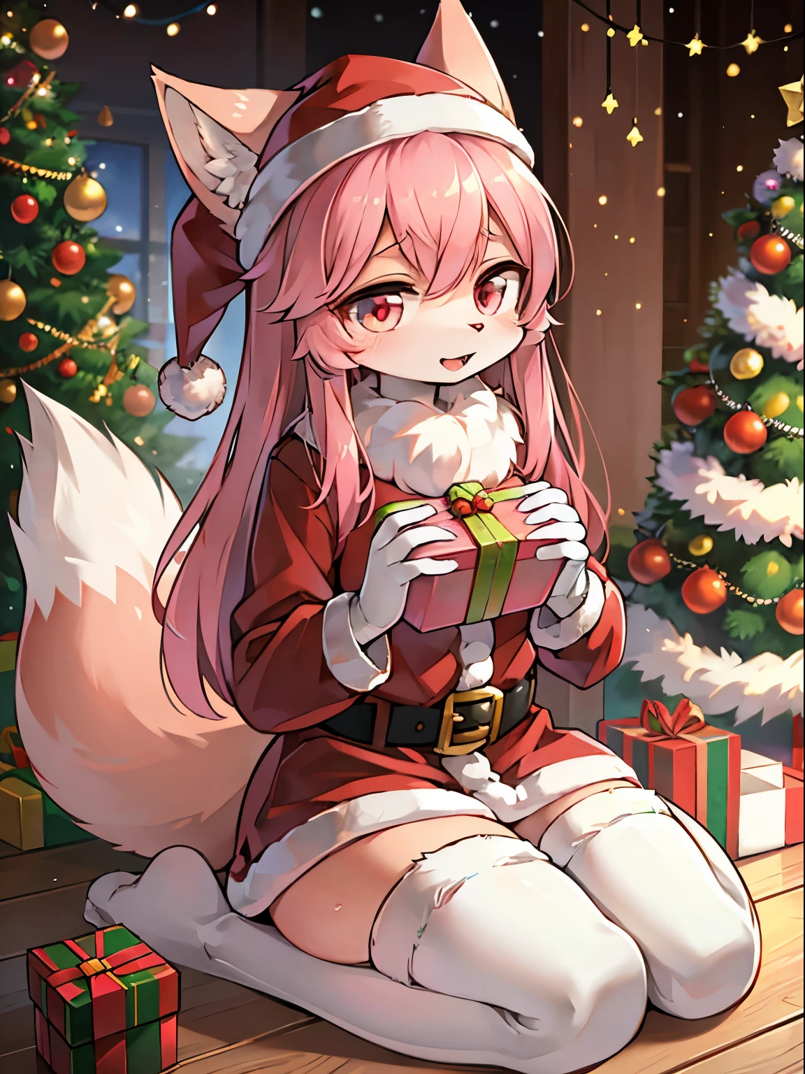masterpiece, soft shading, perfect anatomy, perfect lighting, perfect focus, vibrant, solo, 1girl, adult, furry, anthropomorphic rabbit, rabbit ears, cat tail, orange fur, furry arms, furry legs, furry body, orange skin, grey belly, red hair, ((heterochromia, (1pink eye, 1blue eye))),Christmas gift ribbon outfit, fantasy town,