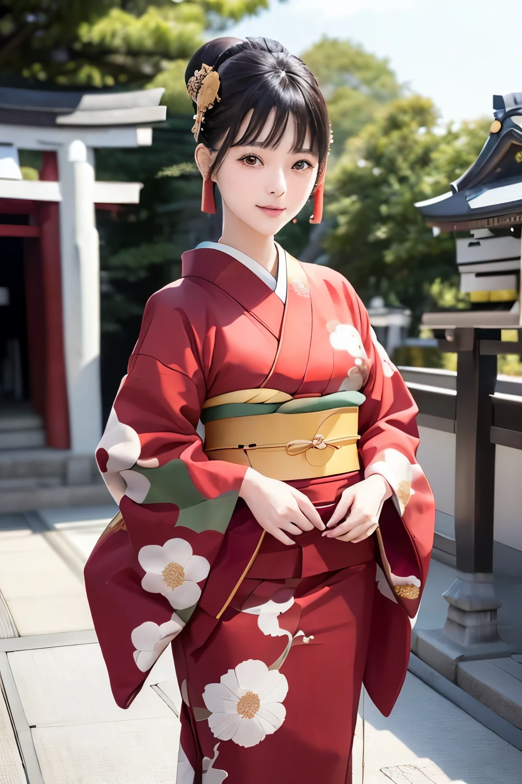 (((New Year's scenery of Japan))), (((SFW))), 8K, ((masutepiece)),(((top-quality))),((Ultra-detailed)),((((Realistic)))), Photorealsitic:1.37, (A hyper-realistic), (illustratio), (hight resolution), (ighly detailed), (The best illustrations), (Ultra-detailed細), (walls), (详细的脸), (Beautiful expression), ((詳細 top-qualityのスキン:1.2)), ((Reddish blush)), (Ultra-detailed細な背景, Detailed background), (Beautiful and aesthetic: 1.2), Extremely detailed, (((Woman in kimono:1.5))), ((Affectionate smile)), There is a woman standing with her bare skin wearing a kimono., (((Kimono with golden embroidery))), ((multicolored kimono)), ((Girl&#39;s hair roll-up hair with hairpin)), Kadomatsu, Komainu, Red torii gate, big company, customers who pray, gorgeous new year decorations, 金箔装飾されたbig company, At a shrine that shines in the morning sun