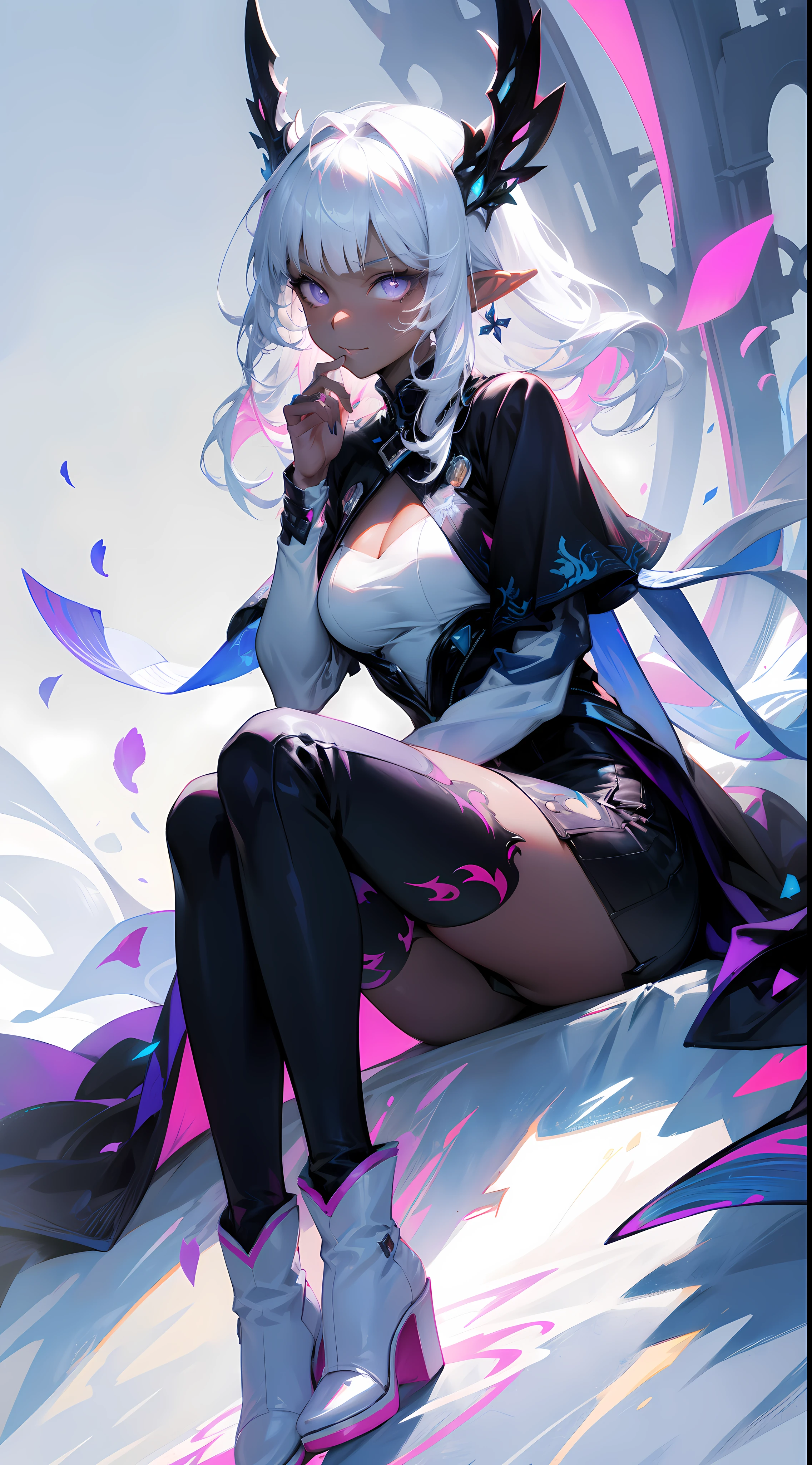 ((masterpiece, best quality)), official art, 8k wallpaper, ultra detailed, mature dark elf girl, ((dark blue and white dress)), girl in a buble, sitting, flowers, expressionless, ((White boots)), glass texture, light transmission, spectral light, gradient translucent glass melt, caustic, transparent glass texture, high detail luminescence, (prismatic patterns on hair and clothes:1.3), ((glowing petals encircle and intertwine around her)), watercolor, watercolor style, splatter, vibrant color, art by Artgerm, by Kawacy, by Yoshitaka Amano, BREAK, highly detailed of (dark elf), (1girl), solo, perfect face, details eye, Blunt bangs, (hair between eye), white hair, violet eyes, BREAK, eyelashes, eyeshadow, pink eyeshadow, (dark skin:1.2), glaring, smile, medium breast, BREAK, extremely detailed, Dutch angle,