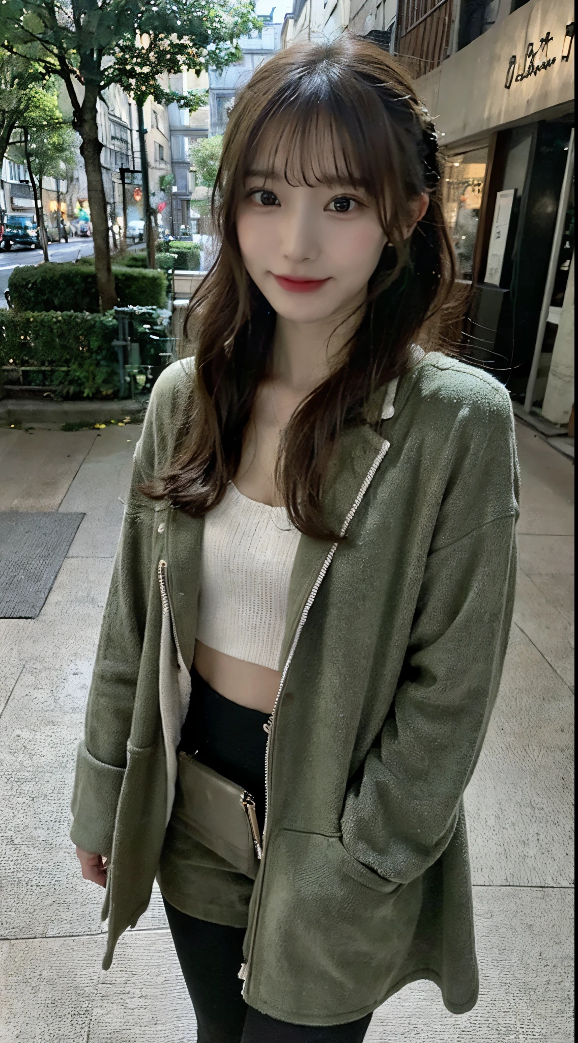 (​masterpiece:1.3), (8K, Raw photography, Top image quality: 1.4), Japanese high school  girl、(Random hairstyles:1.2)、(small tits:1.3)、Super Detail Face、Eye of Detail、二重まぶた、foco nítido:1.2、prety woman:1.4、light brown hair、top-quality、超A high resolution、(Photorealsitic:1.4)、very detailed and professional lighting、slender、skinny thigh、A smile、((Walking the streets of Paris:1.1))、(Black sweater、I&#39;m wearing a moss green mod coat:1.3)、Wearing black shorts、Wear short boots with suede lining、