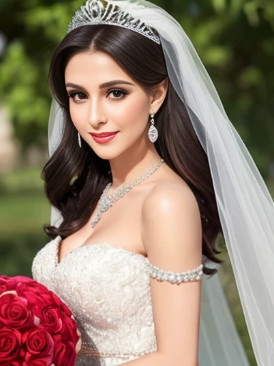 Lebanese lady, earrings, necklace, bracelets, diamonds, 40 years old, strapless wedding dress, tiara and veil, bouquet, western style wedding, bright colors, smokey eyes, red lips, glossy lips, cleavages, small chest, doll lashes, blushing, happy, eyeshadow, smiling