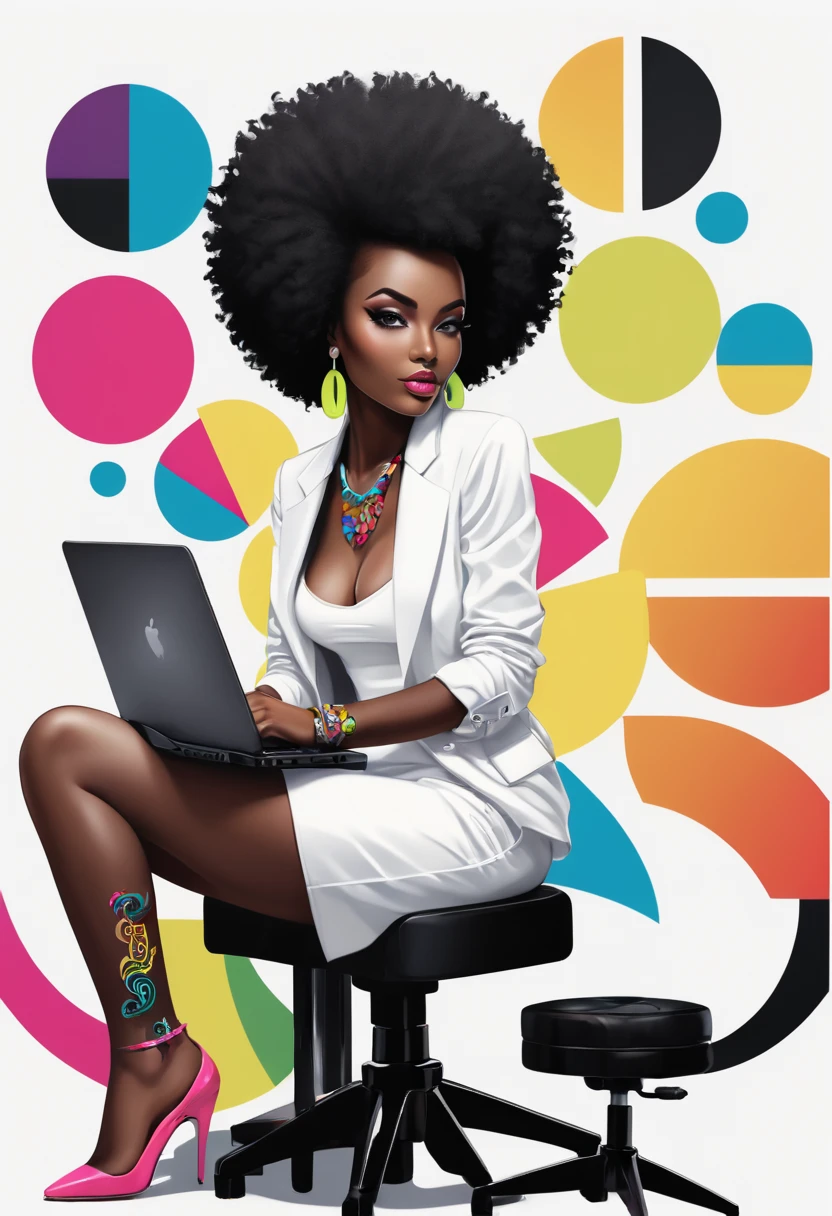 um logotipo com uma pessoa na cadeira de roda. brilho, Preto e branco, fundo branco, linha fina de tinta estilizada, vetor, bright african hair pattern tattoo design, High-quality ultra-wide exposure photography, muito detalhada, neon dots of a beautiful colorful silhouette, bela silhueta, electronic devices, como um PC cinza muito claro em segundo plano, de  , muito detalhado,
