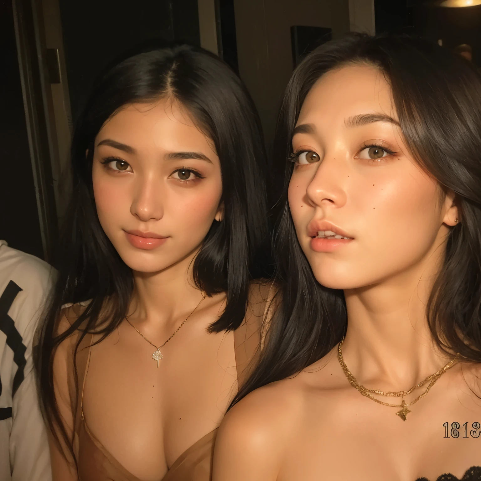 Dos mujeres con el pelo largo y sin camiseta posan para una foto., con hiedra, Caras preciosas, 18 years old, beautiful gemini twins, con una gemela, asian features, asian women, Ayami Kojima y Lyde Caldwell, 1 6 years, Dos modelos en el marco, taken in the early 2020s, Ruan Jia y Mandy Jurgens