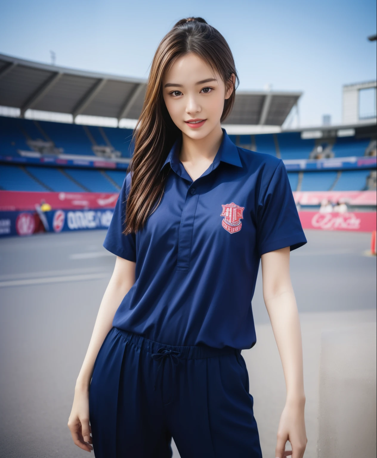 (bestquality,10,10,highres,masterpiece:1.2),ultra-detail,(Realistic,ภาพRealistic,photo-realistic:1.37),1 Cute girl in the football field,oily shiny skin,bara,light smile,BDclothelue shirt:1.3)),short sleeves,shirt, trousers.,(navy_long_ติดตามtrousers:1.1), ((Stadium Background:1.3)),dynamic angle,excited,face focus,Dynamic Poses,from behide,Ass Focus,masterpiece, bestquality, ultra realistic, hyper-detail, 8k resolution, RAW photo, crisp focus, ((Navy blue shirt:1.1)), short sleeves, เส้นทางlong, Complete bodyแบบ, 2 mature women, 18yo, cinematic light,trousersวอร์มสีน้ําเงิน,Gymware,Correct anatomy,Complete body, Correct body, sharp face, Correct bodyทางกายวิภาค, full entire body, Realistic gestures, long-haired, Realistic poses,Wear long shorts..............................,ช่วงขาlong,Shapely,Sculpting Girl, Slender Figure, mannequin mannequins, Shapely, Beautiful body,trousersวอร์มสีน้ําเงิน, Two girls kissing
