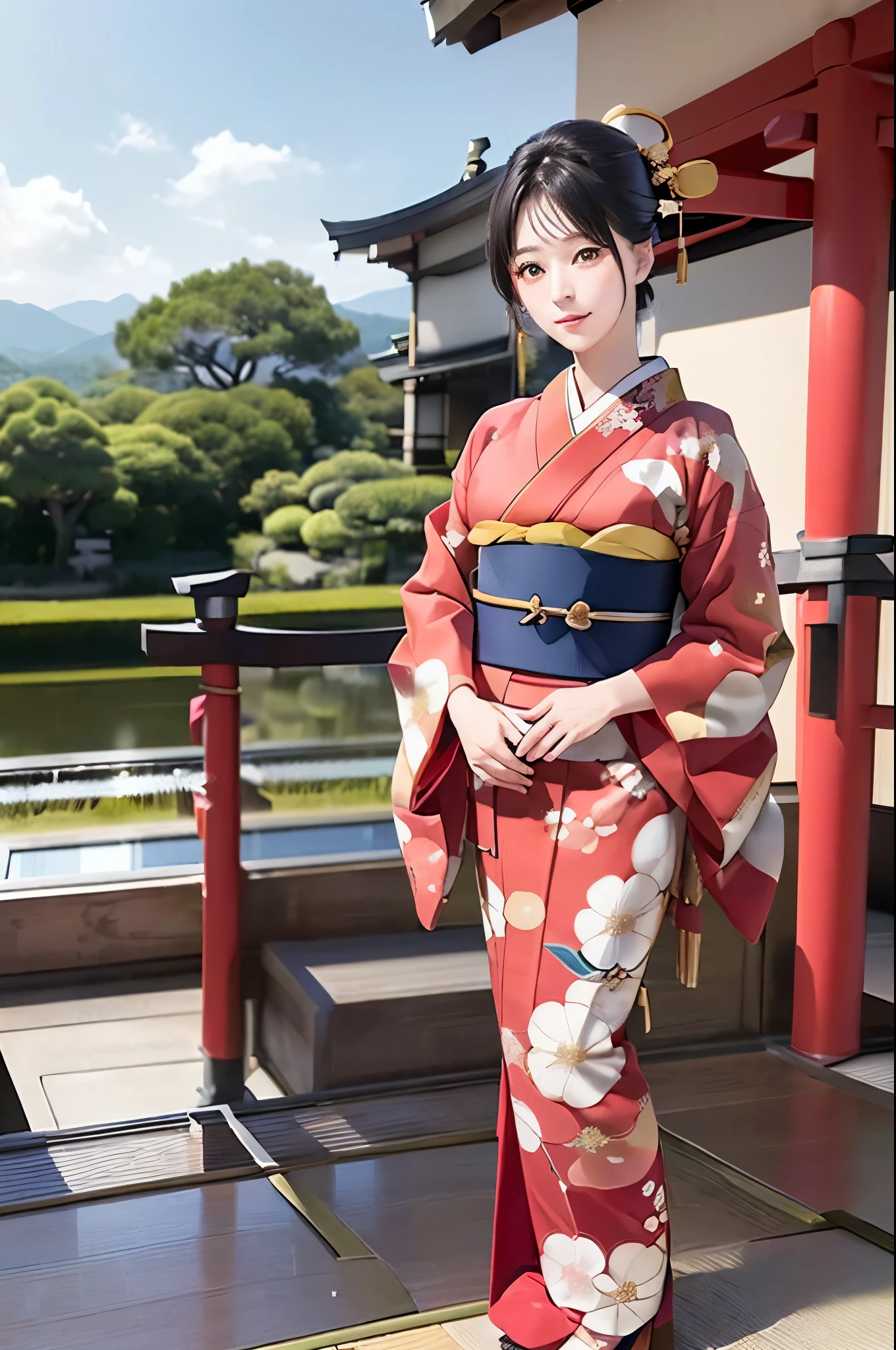 (((New Year's scenery of Japan))), (((SFW))), 8K, ((masutepiece)),(((top-quality))),((Ultra-detailed)),((((Realistic)))), Photorealsitic:1.37, (A hyper-realistic), (illustratio), (hight resolution), (ighly detailed), (The best illustrations), (Ultra-detailed細), (walls), (详细的脸), (Beautiful expression), ((詳細 top-qualityのスキン:1.2)), ((Reddish blush)), (Ultra-detailed細な背景, Detailed background), (Beautiful and aesthetic: 1.2), Extremely detailed, (((Woman in kimono:1.5))), ((Affectionate smile)), There is a woman standing with her bare skin wearing a kimono., (((Kimono with golden embroidery))), ((multicolored kimono)), ((Girl&#39;s hair roll-up hair with hairpin)), Kadomatsu, Komainu, Red torii gate, big company, customers who pray, gorgeous new year decorations, 金箔装飾されたbig company, At a shrine that shines in the morning sun