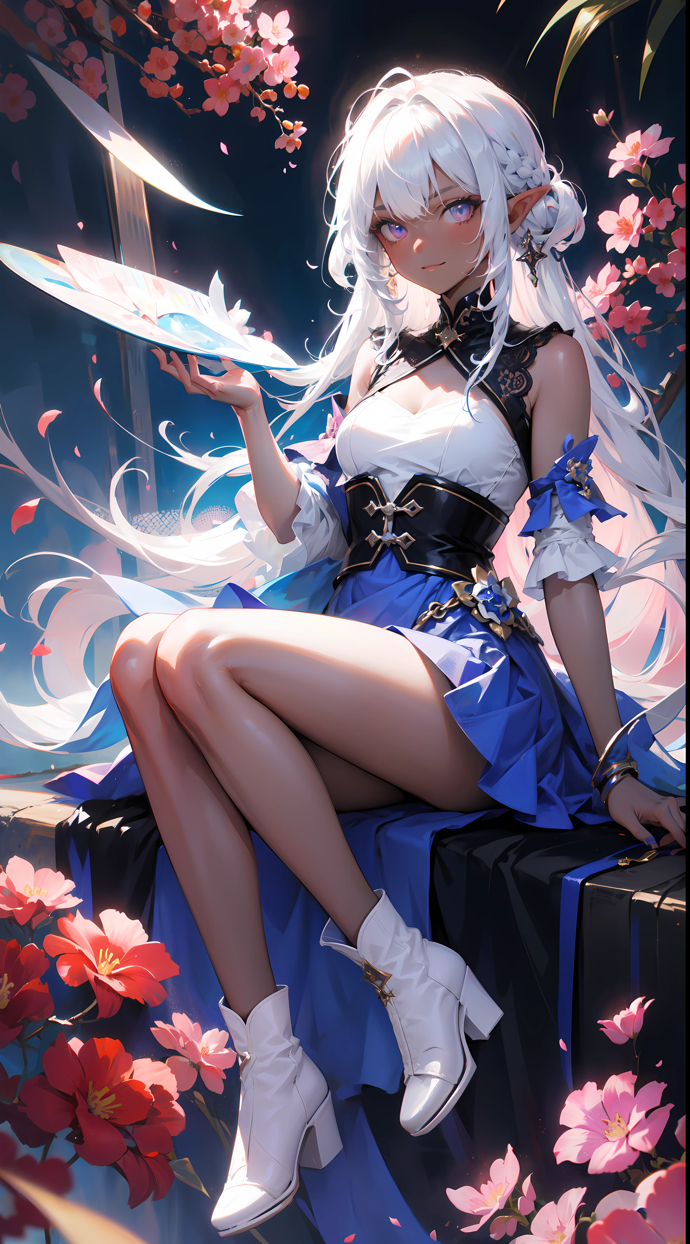 ((masterpiece, best quality)), official art, 8k wallpaper, ultra detailed, mature dark elf girl, ((dark blue and white dress)), girl in a buble, sitting, flowers, expressionless, ((White boots)), glass texture, light transmission, spectral light, gradient translucent glass melt, caustic, transparent glass texture, high detail luminescence, (prismatic patterns on hair and clothes:1.3), ((glowing petals encircle and intertwine around her)), watercolor, watercolor style, splatter, vibrant color, art by Artgerm, by Kawacy, by Yoshitaka Amano, BREAK, highly detailed of (dark elf), (1girl), solo, perfect face, details eye, Blunt bangs, (hair between eye), white hair, violet eyes, BREAK, eyelashes, eyeshadow, pink eyeshadow, (dark skin:1.2), glaring, smile, medium breast, BREAK, extremely detailed, Dutch angle,