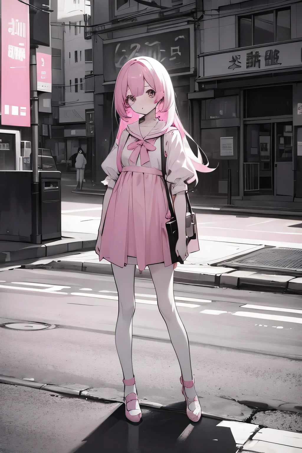 all monochrome、Only the eyes are pink、masutepiece, full body Esbian、Girl alone, Solo, Looking at the camera、Incredibly absurd,, Street, plein air,