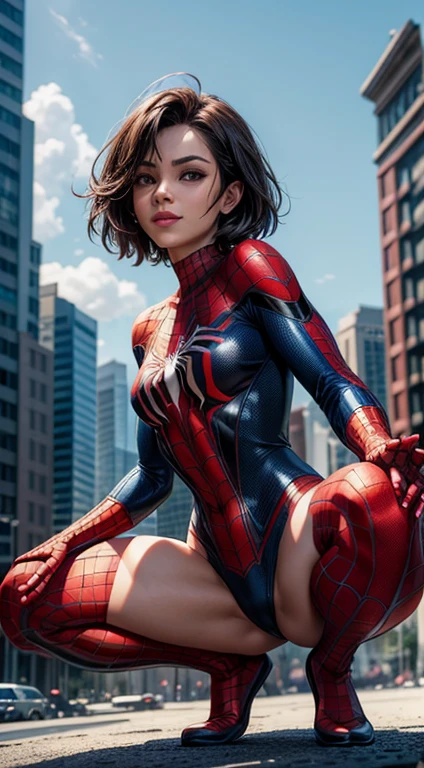 leve sorriso, a superhero dressed as Spider-Man, no mask on. a woman in a swimsuit-like Spider-Man costume, She is horny and squatting with legs open, Cabelo comprido vermelhos, seios enormes, Athletic body, Vibrant and dynamic style, with solid colors and defined contours. highlighting the heroine. No distortions or imperfections. Centralized composition, foco na personagem. 8K分辨率, dimensions of 2040x2040 pixels.
Keep female representation strong and respectful, emphasizing her role as a superhero. Ensure a balanced and coherent aesthetic with the Spider-Man universe.