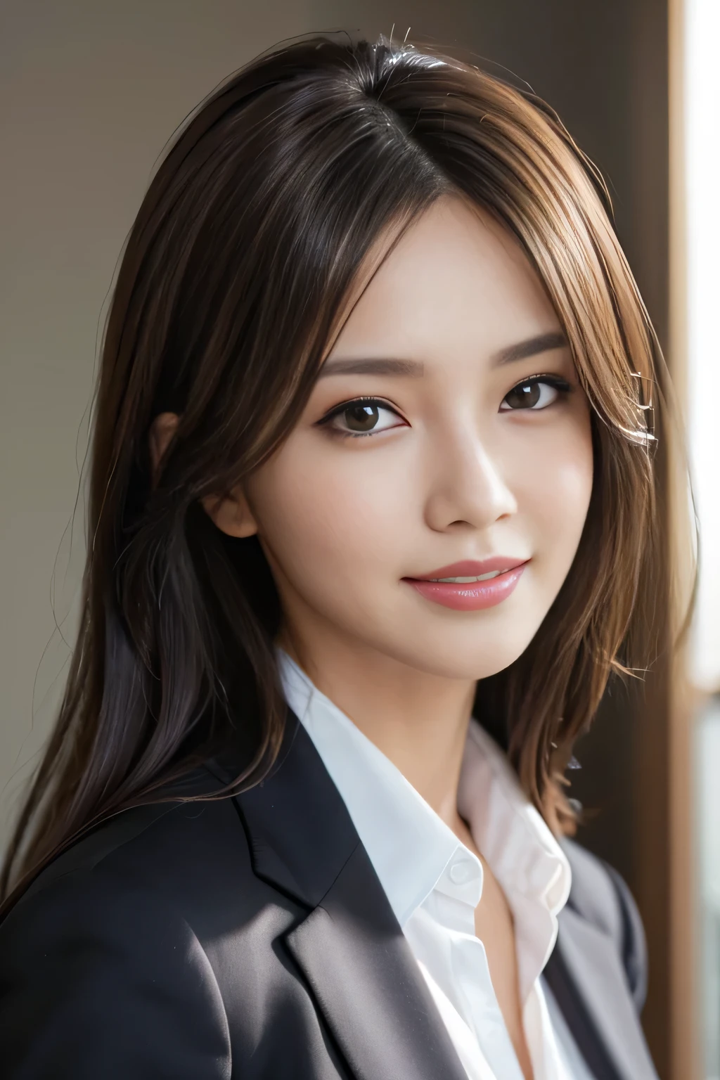 masutepiece, Best Quality, Photorealistic, Ultra-detailed, finely detail, High resolution, 8K Wallpaper, 1 beautiful woman,, light brown messy hair, in a business suit, foco nítido, Perfect dynamic composition, Beautiful detailed eyes, detailed hairs, Detailed realistic skin texture, Smiling, Close-up portrait, Model body type